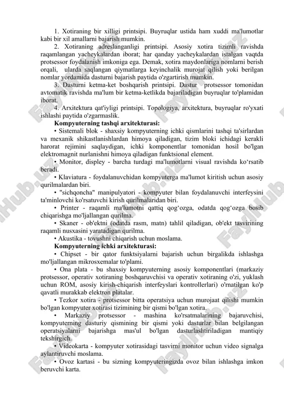 ringizda ovoz bilan ishlashga imkon beruvchi karta. • qattiq disk yoki qattiq disk (disk drive, hdd, hmdd) - bu magnitli yozish tamoyiliga asoslangan ma'lumotlarni saqlash qurilmasi. bu aksariyat kompyuterlar uchun asosiy saqlash qurilmasi. • tarmoq kartasi, tarmoq adapteri - kompyuterning tarmoqdagi boshqa qurilmalar bilan aloqa qilishiga imkon beruvchi periferiya qurilmasi. • modem - aloqa tizimlarida ishlatiladigan modulyatsiya va demodulyatsiya funktsiyalarini bajaradigan uskuna. • kompyuter quvvat manbai - kompyuter bloklarini elektr energiyasi bilan ta'minlash uchun mo'ljallangan quvvat manbai. • diskovod - raqamli tashuvchida disk shaklida ma'lumotlarni o'qish / yozish imkonini beradigan elektromexanik moslama. • kompyuterni sovutish tizimi - kompyuterdagi issiqlikni (asosan sovutishni) bartaraf etish uchun vositalar to'plami. savollar: 1. kompyuter arxitekturasi nima va uning asosiy tuzlmasi qanday? 2. jon neyman prinsiplari haqida ma’lumot bering. 3. garvard arxitekturasi qanday? klassik arxitektura bilan farqi nimada? 4. kompyuter ishlashi uchun minimal qurilmalarni sanab o‘ting (mavzuda keltirilgan qurilmalardan tanlang) 5. 1. kompyuter nima, uning avlodlari …