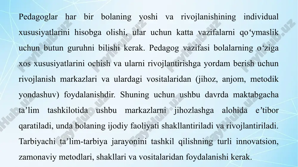 q foydalanish; ● bolaning harakatlarini taqiqlab, xatolarni tuzatish uchun kerakli harakat yoki vositani taklif qilish; ● uning yangi imkoniyat va qobiliyatlariga e’tibor berish: bolaning yutuqlarini boshqa bolalarning yutuqlari bilan taqqoslash mumkin emas, u faqat o‘zining yutuqlarini solishtirishi mumkin; ● bola yutuqqa erishib, uni his qiladigan muvaffaqiyat vaziyatini yaratish. ta’lim-tarbiyada shaxsga yo‘naltirilgan yondashuv, shuningdek, pedagog va bola o‘rtasidagi yaqin munosabatni, har bir bolaning shaxsiy xususiyatlarini hurmat qilishni va unga do‘stona e’tiborni o‘z ichiga oladi: ● bolalarga xushmuomalalik bilan, tabassum bilan, quchoqlash va hokazo bilan munosabatda bo‘lish; ● ishonchni o‘rnatishga intilish, ularning kayfiyati, istaklari, yutuqlari va muvaffaqiyatsizliklariga e’tibor berish; ● kun tartib-qoidalarini bajarishda mustaqillikka intilish ularning individual xususiyatlarini hisobga olish (odatlar, temperament, ma’lum bir ovqatlarni yaxshi ko‘rish); ● muloqotdagi tashabbusga javob berish, qo‘llab-quvvatlash zarurati; ● muloqotga tashabbuskorligini, qo‘llab-quvvatlashga ehtiyojini his qilish; ● bolalarni diqqat va hurmat bilan tinglash; ● savollarga muloyimlik bilan javob berish, muammolarni muhokama qilish; ● bolalarni tinchlantirishga va xursand …