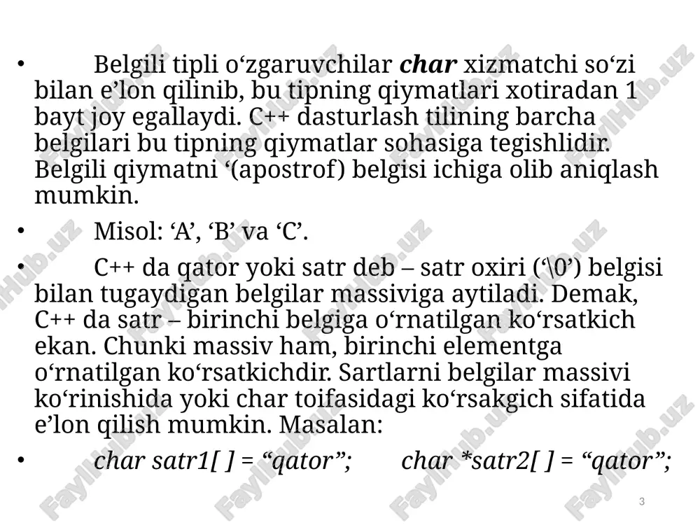 ings ‘+’ operatorini satrlarni birlashtirish uchun qo’llansa bo’ladi, ya’ni ularni bir satrga birlashtirish mumkin. example: string sum, s1(“tosh"), s2(“baqa"); sum = s1 + s2; bu misol s1 va s2 satrlarini bitta satr(string) ga birlashtiradi. natijada «toshbaqa» so’zi sum satriga o’zlashtiriladi. ‘+’ operatori ‘ #include using namespace std; int main(){ string s1, s2; getline( cin, s1); // read the first getline( cin, s2); // and second line. if( line1 == line2) cout #include using namespace std; int main(){ string s1, s2; getline( cin, s1); // read the first getline( cin, s2); // and second line. s1>s2?cout<<s1<<"-satri katta":cout<<s2<<"-satri katta"; return 0; } solishtirish natijalari solishtirish natijalari bool mantiqiy tipi orqali amalga oshiriladi. s1 va s2 satrlari uchun: s1 == s2 true bo’ladi agar har ikkalasini qiymati bir hilda bo’lsa (satr uzunligi bir hil bo’lishi lozim). s1 < s2 true bo’ladi agarda s1 ning simvoli uzunligi, s2 ning simvoli uzunligidan farq qilsa. qator …