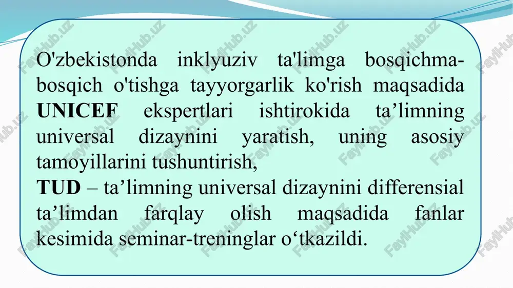 i shakllaridan biri. oʻqituvchining oʻquvchi bilan sinf jamoasidan tashqarida olib boriladigan faoliyati tushuniladi. individual ta`lim taʼlim shakllarining eng qadimiysi boʻlib, u qad. davr va oʻrta asrlarda keng qoʻllanilgan. oʻzbekiston mustaqilikka erishgach, individual ta`limga eʼtibor sezilarli tarzda ortdi. ayniqsa kollej va oliy oʻquv yurtlariga kirishning test tizimi joriy etilishi individual ta`limning repetitorlik shakli rivojlanishiga turtki boʻldi. individual ta'lim - bu innovatsion o'qitish usuli bunda har bir talaba o'zlari uchun maxsus ishlab chiqilgan o'quv dasturi bo'yicha o'tadi. dars davomida ular sinfdoshlari bilan o'tirishadi, lekin kun davomida o'z vazifalarini bajarish uchun asosan yakkaxon ishlaydilar. har bir dars, ular turli vazifalarni va har bir darsda shaxsiylashtirilgan o'quv dasturlarini bajarishda, o'qituvchi dars bermaydi, balki har bir talaba uchun kerak bo'lganda shaxsiy ko'rsatmalarni taklif qiladi. modifikatsiyalash (lotincha: modiﬁ co -oʻlchayman, oʻlchovni aniqlayman) 2020-2022-yillarda: inklyuziv ta’lim tizimi sohasidagi normativ baza takomillashtiriladi; tizim uchun malakali pedagog kadrlar tayyorlanadi, qayta tayyorlanadi va malakasi oshiriladi; inklyuziv ta’lim joriy etilgan muassasalarning …