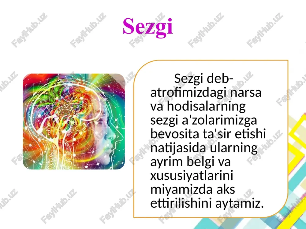 gaz hidi chiqadigan bo‘lsa oshxonadan xabar olamiz gaz diqqat ... diqqat - bu tashqi dunyodan insonning ruhiga kiradigan hamma narsa o'tadigan eshikdir. k.d. ushinskiy ruhiy jarayonlar fan o’qituvchisi:s.n.fozilova diqqat tushunchasi diqqat inson psixikasining alohida xususiyatidir diqqat – bu ongning ma'lum bir ishni bajarishga tanlangan yo'nalishi diqqat – insonning ma'lum bir daqiqada aqliy faoliyatining muayyan ob'ektlarga yo'nalishi va konsentratsiyasi bir vaqtning o'zida boshqalardan chalg'itadi. o'rganish usullari diagnostika: diqqatning xususiyatlarini o'rganish uchun tuzatish testlari (bourdon-rudik testi); kommutatsiya bilan raqamlarni qo'shish (e. kraepelin); qizil-qora shulte jadvallari; landolt halqalari; aralash chiziqlar va boshqalar. emil kraepelin - nemis psixiatri shulte jadvallari. diqqat diagnostikasi (landoltning tuzatish testi) turli ob'ektlarni nishonga olish orqali diqqat ixtiyoriy ixtiyorsiz muvofiqlashgan diqqat xususiyatlari odamning diqqati bir qancha xususiyatlarga ega bo’lib, ulardan asosiylari – diqqatning kuchi va barqarorligi, diqqatning ko’lami, diqqatning bo’linuvchanligi diqqatning ko’chuvchanligidan iboratdir image3.jpg image7.jpg image8.jpg image9.png image10.png image11.jpg image12.png image13.png image14.png image15.jpeg image16.jpeg image4.jpeg image17.jpeg image18.png image19.png image20.jpeg image21.jpeg …