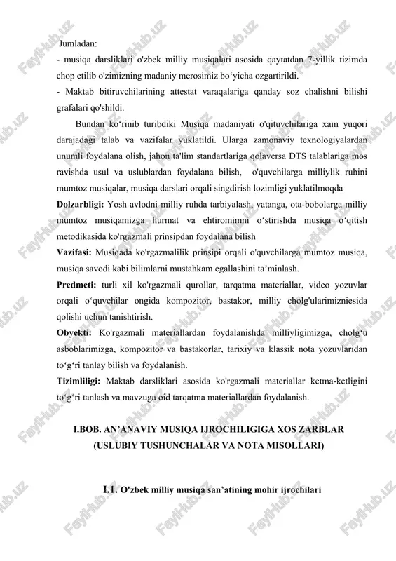 va mavzuga oid tarqatma materiallardan foydalanish. i.bob. an’anaviy musiqa ijrochiligiga xos zarblar (uslubiy tushunchalar va nota misollari) i.1. o'zbek milliy musiqa san’atining mohir ijrochilari xalqimizning milliy-ma'naviy merosini musiqa san'atisiz tasavvur etib bo'lmaydi. azal-azaldan ajdodlarimiz tomonidan yaratilib, qadriyatlar sifatida shakllanib kelinayotgan milliy urf-odatlarimiz, an'anaviy tarzda avlodan avlodlarga o'tib, xalqimizning buyuk ma'naviy dunyosini namoyon etib kelmoqda. xalq musiqa ijodiyoti, musiqa sohasidagi yozma manbalar, bastakorlik san'ati, kasbiy musiqa ijodiyoti bunga yorqin misoldir. shuning uchun ham, bu jarayon musiqa san'atining barcha kasbiylik ahamiyatiga ega bo'lgan tarmoqlari uchun asos bo'lib, xizmat qilib kelmoqda. bastakor o'tmishda turli vazifalarni bajargan. birinchidan, u yangi, original kuy va ashulalar yaratuvchidir, ikkinchidan, bastakor tayyor kuylar mavzusida ularning ritmik va kuy variantlarini ham yaratgan. bunda bastakor kuy yo'llariga yangi-yangi epizodlar, tayyor holdagi avjlar kiritgan. ashula yo'llariga yangi she'rlarni ustalik bilan bog'lab, tushira bilgan san'atkorlar ham bastakor nomiga mansub bo'lgan. ma'lumki, bastakorlik sohasi ijrochilik an'analarining pirovardi sifatida yuzaga kelgan. ijrochilik an'analarini mukammal …