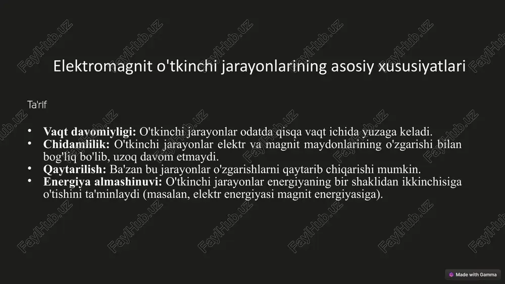 rorligini ta'minlashda muhim o'rin tutadi. o'tkinchi jarayonlarning boshqarilishi, nazorat qilinishi va ular bilan bog'liq xavfsizlik choralari texnik tizimlarning samaradorligini oshiradi. 8 eksperimental tekshirishlar va natijalarni tahlil qilish o'lchov natijalarini qayd etish o'tkinchi jarayonlarni o'lchash natijalari va ularni qayd etish uchun quyidagi asbob-uskunalar va qurilmalar qo'llaniladi: o'siloskop (oscilloscope): o'tkinchi jarayonlarni o'lchash va ularning vaqt davomida o'zgarishini kuzatish uchun eng keng qo'llaniladigan asbob. o'siloskop kuchlanish yoki tokning vaqt bilan o'zgarishini grafik ko'rinishda real vaqtda aks ettiradi. u yordamida kuchlanishning amplitudasi, chastotasi va o'tish jarayonidagi signal shakli o'rganiladi. spektr analizatori (spectrum analyzer): o'tkinchi jarayonlar vaqtida yuzaga keladigan signallarning chastotaviy tarkibini tahlil qilish uchun qo'llaniladi. bu asbob signallarning spektrini aks ettirib, rezonans va boshqa chastotaviy hodisalarni aniqlashga yordam beradi. 9 elektromagnit o'tkinchi jarayonlarni amalda qo'llash 1 elektr energiyasi tizimlarida kuchlanish o'tish jarayonlari himoya vositalari:(masalan, varistorlar, ) 2 elektronika va avtomatika elektron zanjirlar dizayni analog va raqamli filtrlash 3 telekommunikatsiya: rezonans va signal uzatish: radioqabul …