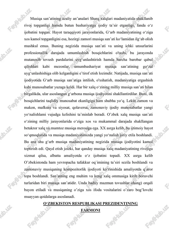 ta’siri sezila boshlandi va zamonaviy musiqaning kompozitorlik ijodiyoti ko‘rinishida amaliyotda q`aror topa boshlandi. san’atning eng muhim va keng xalq ommasiga kirib boruvchi turlaridan biri musiqa san’atidir. unda badiiy mazmun tovushlar ohang) orqali bayon etiladi va musiqaning o’ziga xos ifoda vositalarini o’zaro bog’lovchi muayyan qoidalarga asoslanadi. o‘zbekiston respublikasi prezidentining farmoni 2022 — 2026-yillarga mo‘ljallangan yangi o‘zbekistonning taraqqiyot strategiyasi to‘g‘risida davlatimiz rahbarining 2022-yil 2-fevral kuni imzolagan “madaniyat va sanʼat sohasini yanada rivojlantirishga doir qoʻshimcha chora-tadbirlar toʻgʻrisida”gi qarori esa madaniyat va sanʼat sohasi rivojida muhim ahamiyat kasb etadi. 76-maqsad: madaniyat va san’at sohalarini yanada rivojlantirish, madaniyat muassasalari va obyektlarining moddiy-texnika bazasini yaxshilash.[footnoteref:2] [2: . o‘zbekiston respublikasi prezidentining farmoni, 28.01.2022 yildagi pf-60-son] madaniyat va san’at sohasi vakillari, ijodkorlar, shuningdek, ushbu sohada faoliyat olib borayotgan professor-o‘qituvchi va xodimlarni moddiy qo‘llab-quvvatlash hamda ularning yashash sharoitlarini yaxshilash. teatr san’atini rivojlantirish va uning moddiy-texnika bazasini mustahkamlash. madaniyat markazlari faoliyatini takomillashtirish va ular tomonidan aholiga madaniy xizmat ko‘rsatish sifatini …