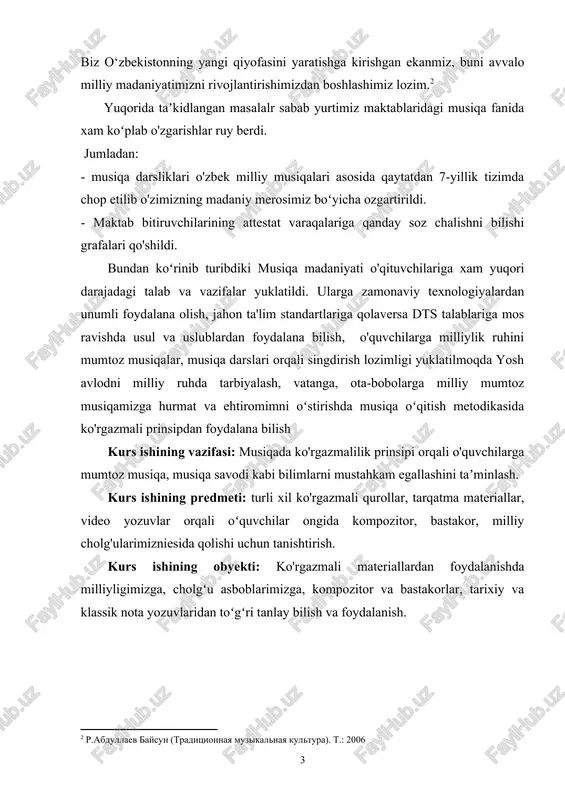 orqali oʻquvchilar ongida kompozitor, bastakor, milliy cholg'ularimizniesida qolishi uchun tanishtirish. kurs ishining obyekti: ko'rgazmali materiallardan foydalanishda milliyligimizga, cholgʻu asboblarimizga, kompozitor va bastakorlar, tarixiy va klassik nota yozuvlaridan toʻgʻri tanlay bilish va foydalanish. i bob. arxeologik qazilmalar va qoyatoshlarda aks ettirilgan musiqa cholg‘ulari 1.1. o‘rta osiyo zaminida bundan 4-5ming yillar muqadadam o‘rta osiyo zaminida bundan 4-5ming yillar muqadadam ham odamlar yashaganligi to‘g‘risidan ma’lumotlar ko‘plab manbalarda keltirilgan. ibtidoiy odamlarning turmush tarzi ularning madaniyati, xususan, musiqa madaniyati to‘g‘risida yozma manbalar deyarli mavjud emas. zaminimizda yashagan fors va massagetlarning musiqa madaniyati to‘g‘risidagi ilk yozma ma’lumotlar grek va rim tarixchilarining kitoblarida keltirilgan bo‘lib, bular asosan zardo‘shtiylikning muqaddas kitobi – avesto bilan bog‘liqdir. ajdodlarimizning musiqa madaniyatiga oid eng qadimiy ma’lumotlar qoyatoshlardagi tasvirlarda, arxeologik qazilmalar paytida topilgan ashyolarda, qolaversa, turli bosma nashrlarga ishlangan rasm va miniatyuralarda o‘z aksini topgan. bizning nazarimizda musiqa cholg‘ularining tavsifini so‘zlar vositasida uzatilishi bir tomonlama tasavvurni hosil qilsa, ularning surat yoki haykalcha shaklidagi …