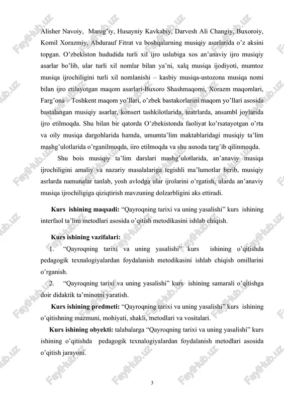 ning maqsadi: “qayroqning tarixi va uning yasalishi” kurs ishining interfaol ta’lim metodlari asosida o’qitish metodikasini ishlab chiqish. kurs ishining vazifalari: 1. “qayroqning tarixi va uning yasalishi” kurs ishining o’qitishda pedagogik texnalogiyalardan foydalanish metodikasini ishlab chiqish omillarini o’rganish. 2. “qayroqning tarixi va uning yasalishi” kurs ishining samarali o’qitishga doir didaktik ta’minotni yaratish. kurs ishining predmeti: “qayroqning tarixi va uning yasalishi” kurs ishining o’qitishning mazmuni, mohiyati, shakli, metodlari va vositalari. kurs ishining obyekti: talabalarga “qayroqning tarixi va uning yasalishi” kurs ishining o’qitishda pedagogik texnalogiyalardan foydalanish metodlari asosida o’qitish jarayoni. kurs ishining amaliy ahamiyati. “qayroqning tarixi va uning yasalishi” kurs ishining o’qitishda pedagogik texnalogiyalardan foydalanish metodlari asosida o’qitish jarayonida qo’yidagi natijalar qo’lga kiritildi: 1. “qayroqning tarixi va uning yasalishi” kurs ishining samarali o’qitish metodikasini ishlab chiqish omillarini o’rganish. 2. “qayroqning tarixi va uning yasalishi” kurs ishining modulini samarali o’qitishga doir didaktik ta’minotni yaratish. 3. talabalarni “qayroqning tarixi va uning yasalishi” kurs ishining mazmuni …