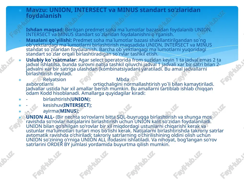 arfga o'zgartiradi upper - satrni katta harfga o'zgartiradi rpad – o'ng qatorni ma'lum bir uzunlikdagi boshqa qator bilan bog'laydi replace – satr ichidagi barcha substringlarning o'rnini yangi pastki satr bilan almashtiradi ucase – satrni katta harfga o'zgartiradi reverse – satrni o'zgartiradi va natijani qaytaradi format - raqamni "#, ###, ###. ##" kabi formatga, o'nlik kasrlarning aniqlangan soniga qadar aylantiradi. initcap - ifodaning sonli turga mansubligini aniqlaydi (mysqlda bu buyruq bajarilmaydi) lpad - funktsiyasi satr boshiga to'ldirilgan belgilar qo'shib asl satrdan olingan belgilangan uzunlikdagi satrni qaytaradi (agar manba satridagi belgilar soni belgilanganidan kam bo'lsa yoki "ortiqcha" belgilarni bekor qilish agar manba satridagi belgilar soni belgilanganidan ko'p bo'lsa). rpad -funktsiyasi satr boshiga to'ldirilgan belgilar qo'shib asl satrdan olingan belgilangan uzunlikdagi satrni qaytaradi (agar manba satridagi belgilar soni belgilanganidan kam bo'lsa yoki "ortiqcha" belgilarni bekor qilish agar manba satridagi belgilar soni belgilanganidan ko'p bo'lsa). length- qator uzunligini qaytaradi (baytda). ltrim - qator boshidagi …