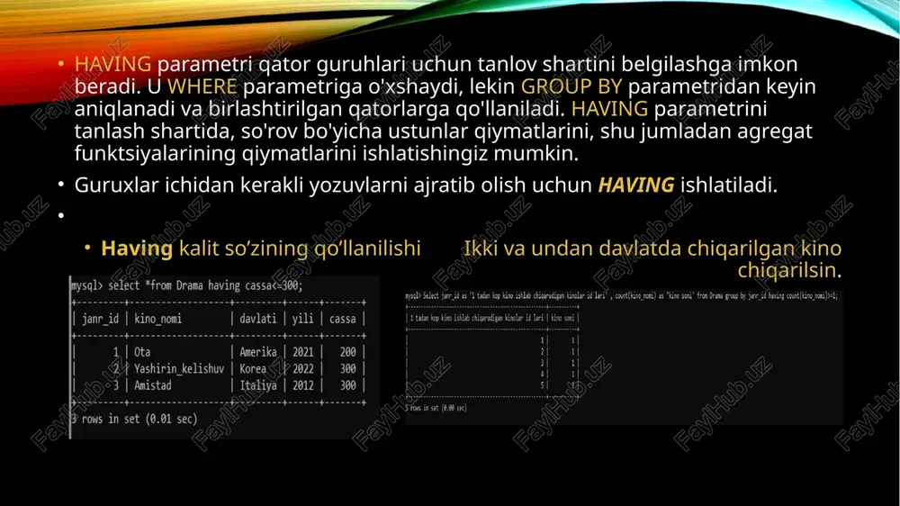 r bilan ishlaydi. agregat funksiya argumenti butun ustun bo‘lib, bitta qiymat qaytaradi. bu funksiyalarni ko‘rib chiqamiz: sum() – ustundagi hamma qiymatlar summasini hisoblaydi. avg() – ustundagi hamma qiymatlar o‘rtasi qiymatini hisoblaydi. min() – ustundagi hamma qiymatlar eng kichigini aniqlaydi. max() – ustundagi hamma qiymatlar eng kattasini aniqlaydi. count()–ustundagi qiymatlar sonini hisoblaydi. count(*)–so‘rov natijalari jadvalidagi satrlar sonini hisoblaydi. agregatlash argumenti bo‘lib ustun nomidan tashqari ixtiyoriy matematik ifoda xizmat qilishi mumkin. . sql tilida matematik funksiyalaridan quyidagilar ishlatiladi: abs (son) – sonning absolyut qiymatini hisoblaydi; isnumeric (ifoda) – ifodaning sonli turga mansubligini aniqlaydi; sing(son) – sonning ishorasini aniqlaydi; rand(utun son) – 0 va 1 oralig’ida berguli siljiydigan favqulotdagi sonni hisoblaydi; round(son, aniqlik) – ko’rsatilgan aniqlikda sonni yaxlitlaydi. power(son, daraja) – sonni ko’rsatilgan darajaga ko’taradi; sort(son) – sondan kvadrat ildiz chiqaradi; sin(burchak) – radianlarda ifodalangan burchak sinusini hisoblaydi; cos(burchak) – radianlarda ifodalangan burchak kosinusini hisoblaydi; exp(son) – sonnining eksponentasini hisoblaydi; log(son) – sonning …