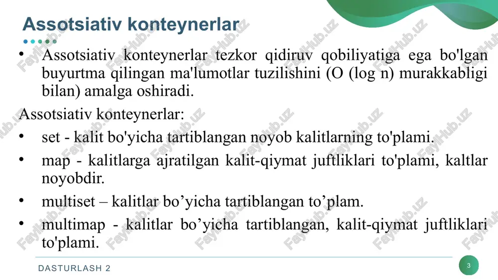 idan tavsiflaydigan tur. dasturlash 2 set uchun aniqlangan turlar 8 № nomi izoh 8 key_ compare to'plamdagi ikkita elementning nisbiy tartibini aniqlash uchun ikkita xil ele-mentlarni taqqoslashi mumkin bo'lgan funktsiya obyekti bilan ta'minlaydigan tur. 9 key_type saralash kalitiga xos bo'lgan qobiliyatlari jihatidan to'plam sifatida saqlangan obyektni tavsiflovchi tur. 10 pointer bir to'plamdagi elementga ko'rsatgichni ta'minlaydigan tur 11 reference to'plamda saqlanadigan elementga mos yozuvlar beradigan tur. 12 reverse_ iterator inverted to'plamda elementni o'qiy oladigan yoki o'zgartiradigan ikki tomonlama iteratorni ta'minlaydigan tur. 13 size_type to'plamdagi elementlar sonini ifodalashi mumkin bo'lgan imzolanmagan butun son turi. 14 value_ compare to'plamdagi ularning nisbiy tartibini aniqlash uchun ikkita elementni taqqoslashi mumkin bo'lgan funktsiya obyekti bilan ta'minlaydigan tur. 15 value_ type to'plam elementi sifatida saqlanadigan ob'ektni qiymatga xos bo'lgan qobiliyatlari nuqtai nazaridan tavsiflaydigan tur. dasturlash 2 set uchun aniqlangan funksiyalar 9 № nomi izoh 1 begin to'plamdagi birinchi elementga kiradigan iteratorni qaytaradi. 2 cbegin to'plamdagi birinchi elementga …