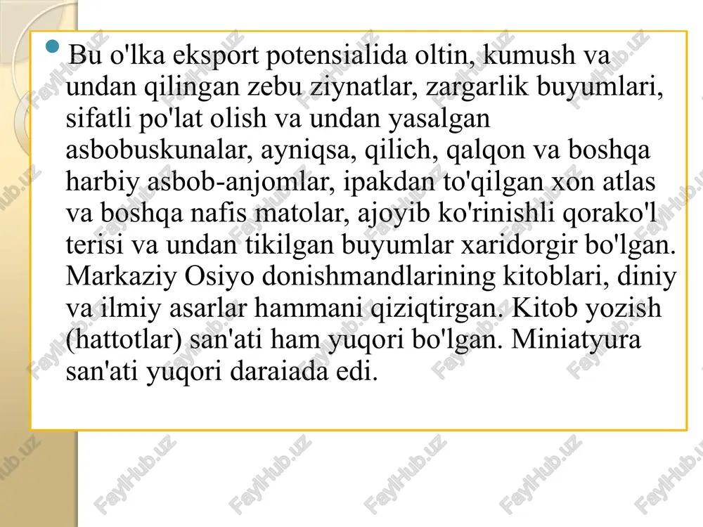 r, xajga boruvchilar, harbiy qo'riqchilar bo'lgan. butun yo'l boshidan-oxirigacha 120-150 kun davomida bosib o'tilgan. o’rta osiyodagi iqtisodiy g’oyalar o’rta osiyo x-xiv asrlarda sharqda ilg’or ijtimoiy tafakkurlar rivojlangan bir markazga aylandi. bu davrda dunyoga mashhur bo’lgan forobiy, ibn sino, yusuf xos hojib, nizomulmulk, amir temur, navoiy, bobur va boshqa ko’plab olim va shoirlar, davlat arboblari yetishib chiqdi. a.forobiyning iqtisodiy fikrlari. o’rta asr davrida ilg’or iqtisodiy fikrlarni ilgari surgan buyuk mutafakkirlardan biri, aristotelning izdoshi, uning asarlarini tahlil qilgan «ikkinchi muallim» abu nasr farobiy (870-950) hisoblanadi. u ko’p qirrali olim bo’lib, o’z bilimini oshirish yo’lida tinmay mehnat qilgan, qaysi yurtda mashhur olim borligini eshitishi bilan, suhbatlashib undan saboq olish uchun yo’lga chiqqan. u 70dan ko’p tilni bilgan. farobiy bugungi kunda ham o’z ahamiyatini yo’qotmagan moddiy ehtiyojlar to’g’risida ta’limot yaratdi. uning fikricha, odamlarning ehtiyoji jamiyat shakllanishining asosiy sababidir. «tabiatan har bir odam shunday yaralganki, u yashashi va kamol topishi uchun ko’p narsalarga ehtiyoj sezadi. …
