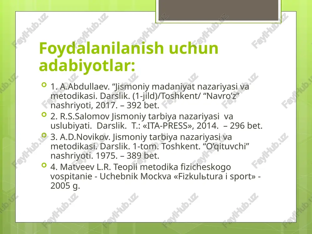 at energiya manbaiga asoslangan 3-5 marta 8-45 s gacha maksimal sust 3x100 m 4x60 m takror-lash tezkorlik, aerob-glikolitik energiya bilan ta’minlash mexanizmiga asoslangan 1-2 marta 45 s dan 2 daq gacha submaksimal – 85-95% maksimal quvvatdan 30-60 s to’liq emas sur’at bilan yugurish 2x200 m oraliqli tezkorlik, anaerob- aerob energiya bilan ta’minlash mexanizmiga asoslangan 1-3 marta 2-10 daq o’rtacha 60-65 dan 70-75 % gacha maksimal quvvatdan to’liq emas 2x3 daq yugurish 1 daq faol dam olish oraliqli harakat uyg’unligi 1-3 marta 2-10 daq xuddi shunday tanaffussiz o’yin mashqlari va o’yin. maxsus tanlangan gimnastik mashqlar va b.q. o’yin yoshi masofa 100 m 150 m yugurish vaqti takrorlash soni yugurish vaqti takrorlash soni 11 17,2 4-5 30,5 2-3 12 15,7 4-5 28,6 2-3 13 15,0 5-6 26,1 3-4 14 14,9 5-6 25,5 4-5 15 13,5 6-7 22,1 4-6 16 13,4 6-7 21,6 4-6 17 13,3 6-8 20,8 5-6 /docprops/thumbnail.jpeg 2.ctdanmm vo tania …