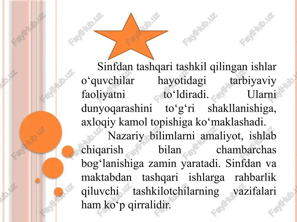 chilik faoliyatiga quyidagi bir qator ishlarni kiritish mumkin: tarbiyaviy ishlar sohasida erishgan yutuq va kamchiliklarni tahlil qilish; tarbiyaviy ishlarning maqsad va vazifalarini aniqlash; tarbiyaviy, ommaviy, siyosiy ishlarni rejalashtirish va ularning mazmunini, shakl va usullarini aniqlash; sinfdan, maktabdan tashqari ishlarni rejalashtirish, guruhlashtirish va ularning mazmunini, shakl va usullarini aniqlash, boshqaruvchi shaxslarni aniqlash. maktabning o`quvchilar bilan olib boradigan o`quv mashg`ulotlaridan tashqari xilma-xil ta’lim-tarbiya ishlari sinfan tashqari ishlar nomini olgan. sinfdan tashqari ishlar maktab ta’lim-tarbiya jarayonining tarkibiy qismi o`quvchilarning bo`sh vaqtlarini yo`lga qo`yish shakllaridan biridir. sinfdan tashqari ishlar shaxsni har tomonlama kamol toptirish va uni hayotga faoliyatga tayyorlash uchun keng imkoniyatga ega. bu ishlar bolalarning qiziqishlariga muvofiq tarzda ko`ngillilik asosida tashkil qilinadi. o`quvchilar sinfdan va maktabdan tashqari ishlarda o`zlarini qiziqtiradigan mashg`ulotlarni tanlab olishadi ularda mustaqil tashabbuskorona ishtirok etishadi. maktab va sinfdan tashqari muassasalarning tashkiliy ishlarini, mazmuni va maqsadini belgilash bugungi kunimizning barcha qirralarini hisobga olishni talab etmoqda. sinfdan tashqari mazkur tarbiyaviy ishlar shaxs …