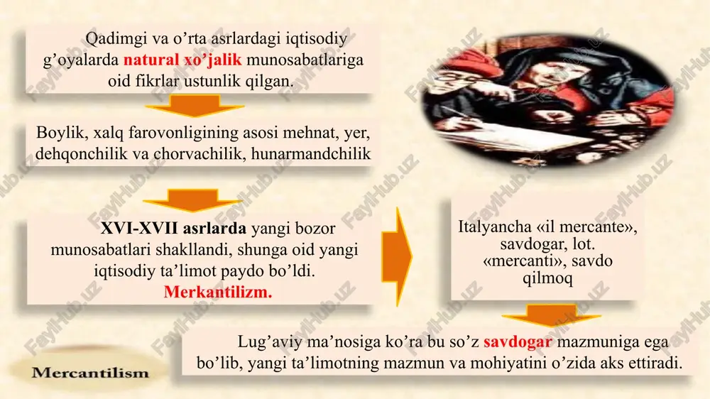 ning iqtisodiy oqibatlari tashqi savdoning rivojlanishida yevropa mamlakatlarining yetakchi mavqega ega boʼlishi va jahon bozorining shakllanishi yevropaga arzon oltin va kumushning oqib kelishi tufayli narxlarning keskin koʼtarilishi savdo inqilobi narx inqilobi pul boylikning mutlaq shakli tadqiqot predmeti - muomala sohasi davlat farovonligining manbai tashqi savdo yoki qimmatbaho metallarga egalik qilish merkantilizmga xos xususiyatlar va rivojlanish davrlari rivojlangan merkantilizm (monetarizm yoki pul balansi) (xv-xvi asr oʼrtalari) rivojlangan merkantilizm (savdo balansi yoki manufaktura tizimia) (xvi-xviii asr oʼrtalari) merkantilizm. angliya. ? angliyada mashhur merkantilistik gʼoyalar xvi-xvii asrlarda birlashgan provinsiyalar (gollandiya)ga qarshi savdo urushlari davrida yozilgan xvi-xviii asrlarda savdo tufayli jadal surʼatlarda rivojlanayotgan davat angliya shahar-davlat emas, balki katta hududga ega davlat merkantilizm siyosati jahonda yetakchi boʼlmagan, ammo yetakchilik uchun kurashayotgan davlat tomonidan olib borilgan «golland boshqotirmasi» 1600 yillarda angliya va fransiyada «golland boshqotirmasi» keng bahs-munozaralar obʼektiga aylandi. niderlandiya viloyatlari 1580 yillarda ispan gabsburglariga qarshi kurash oqibatida oʼzaro birlashdi va mustaqil davlatga aylandi. hududi …