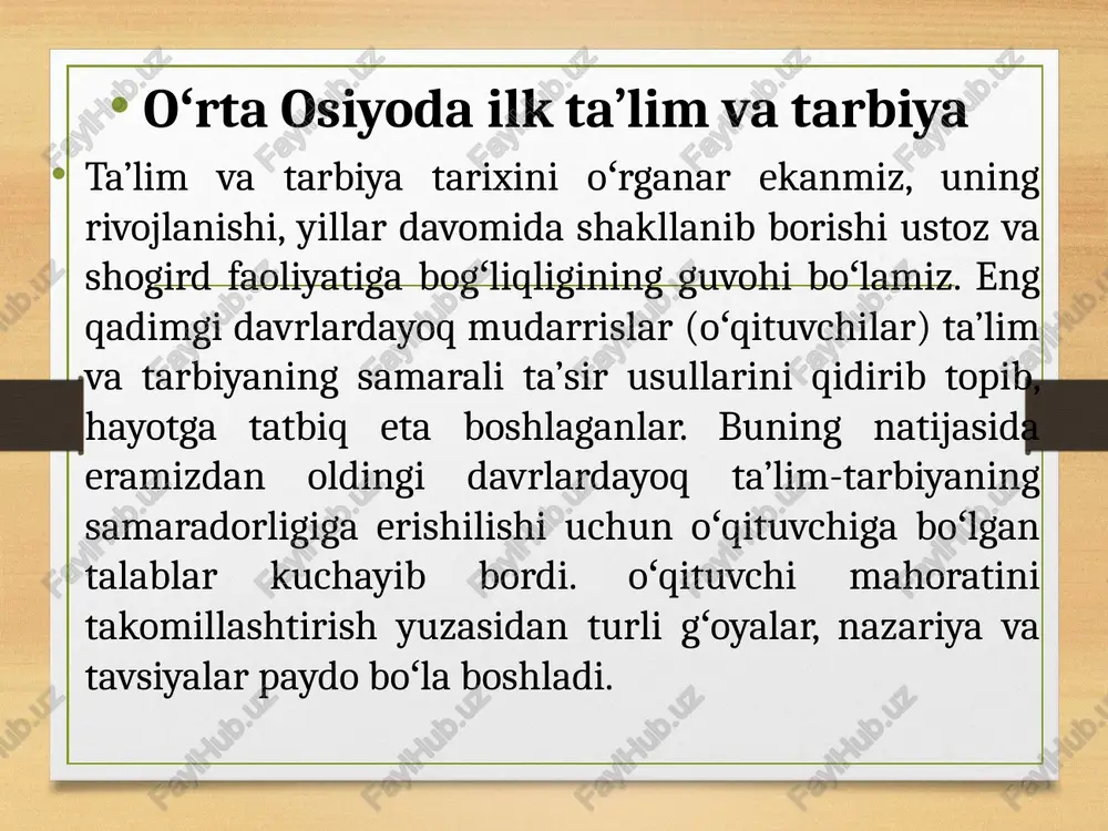sh, yaxshi niyat, yaxshi soʻz va yaxshi amallarga qoʻl urish” kabi insoniy tuygʻularni singdirish uchun qizgʻin mehnat qilganlar. oʻrta osiyoda ilm-fan va madaniyat sohasidagi rivojlanish abu rayhon muhammad ibn ahmad al-beruniy (973 - 1048) sharq uygʻonish davrining qomusiy olimlaridan biri, tarbiyashunos olim, umumjahon tabiiy-ilmiy va ijtimoiy fanlar rivojiga ulkan ta’sir koʻrsatgan buyuk aql-zakovat sohibidir. alloma asarlarida ta’lim-tarbiya birligi va axloq masalalariga yetuk tarbiyashunos olim sifatida yondashgan, chunonchi, “minerologiya”, “qadimgi xalqlardan qolgan yodgorliklar”, “hindiston” kabi asarlarida pedagogika va psixologiyaga oid noyob fikr mulohazalarini va ma’rifiy-didaktik qarashlarini bayon etdi. abu ali ibn sino (980-1037) oʻz asarlarida inson kamolotida uch narsa - irsiyat, muhit, tarbiya muhim rol oʻynashini ta’kidlab, bunda mudarrislar bolalarga ta’lim berishdek mas’uliyatli burchni bajarib, shu uch holatga javobgarlik hissi bilan yondashishini uqtiradi va mudarrislarga faoliyatda muvaffaqiyatga erishish garovi boʻlgan quyidagi tavsiyalarni beradi: 1) bolalar bilan muomalada bosiq va jiddiy boʻlish. 2) berilayotgan bilimning oʻquvchilar tomonidan oʻzlashtirilishiga e’tiborni qaratish. 3) ta’limda …