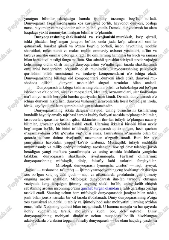 atga nisbatan ehtiyotkorona va mas’uliyatli munosabatda bo‘lish; — fuqarolarning huquq va burchlarini hurmat qilish; — huquqiy ong va fuqarolik madaniyatiga ega bo‘lish; — to‘g‘riso‘z, adolatli, muruvvatli, mehribon bo‘lish; — o‘z faoliyati va xatti-harakatiga nisbatan mas’ulligi; — baynalmilallik, o‘zga mamlakatlar xalqlariga nisbatan hurmatda bo‘lish va boshqalar. milliy istiqlol mafkurasi mazmuni va mohiyati, demokratik huquqiy davlat qurishda adolatli fuqarolik jamiyatini shakllantirish yo‘lidan dadil borayotgan mustaqil o‘zbekistonda fuqarolarning huquqiy bilimlari va huquqiy madaniyatlarini yuksaltirish g‘oyat muhim va dolzarb ekanligi ustuvor ahamiyat kasb etadi. milliy istiqlol mafkurasida vatanimizning rivojlanishi va istiqboli, mamlakatimizda keng ko‘lamda o‘tkazilayotgan iqtisodiyot, siyosat, davlat qurilishi, huquqiy tizimini ma’naviy o‘zgartirish sohasidagi islohotlarning muvaffaqiyati ko‘p jihatdan xalqning huquqiy ongi, bilimi va madaniyati darajasiga bog‘liqligi alohida ta’kidlanadi. boshlang‘ich sinf o‘quvchilarida ilmiy dunyoqarashni shakllantirish va rivojlantirish. dunyoqarash kishilarning olam va uning o‘zgarishi, rivojlanishi haqidagi ilmiy, falsafiy, siyosiy, huquqiy, axloqiy, estetik, diniy va hokazo qarashlari va tasavvurlari majmuasidan iborat. dunyoqarash ijtimoiy borliqning in’ikosidir. unda ijtimoiy …