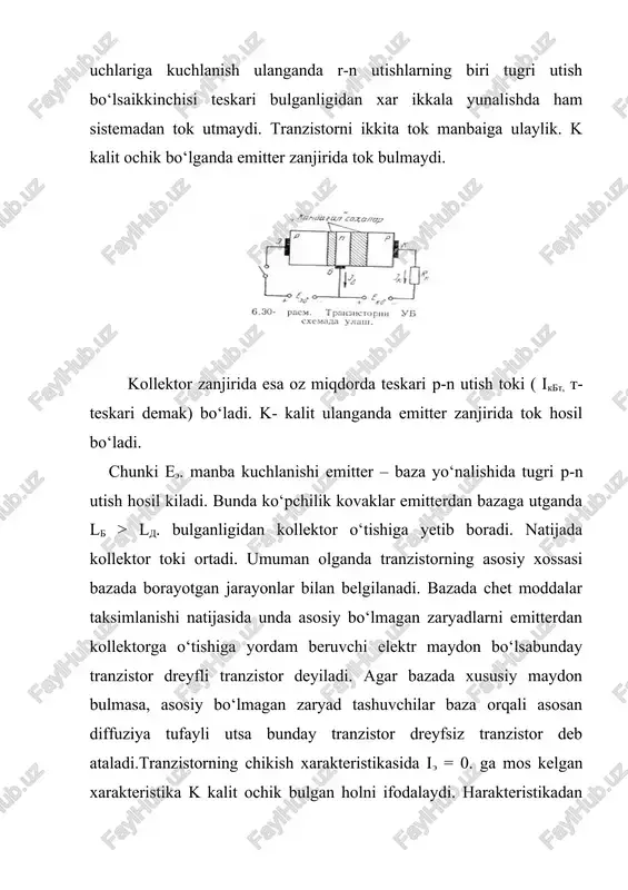 da uni chiziqli aktiv nosimmetrik turt kutbli deb qarash mumkin. kichik signal ta’sir ettirish deyilganda signal amplitudasi 1,5 barabor orttirilganda tranzistor parametrlari 10 % dan ko‘p ga ortmaydigan hol kuzda tutiladi. shunda turt kutbli parametrlarni xisoblash usulini kullash mumkin. odatda tranzistorlarning h parametrlarini ub va ue sxemalari uchun xisoblanadi. bu sxemalar yordamida topilgan parametrlar o‘zaro quyidagicha boglangan. ; h11b (h11e / 1+h21e 2b h12b ( h11e h22e / 1+ h21e h21b ( h21e / 1+h21e ; h22b ( h22e / 1+ h21e shularning eng ko‘p ishlatiladigan ub sxemada h12b = - ( = (ik / (ie (ukb (sonst va uesxema uchun h21e = - ( = (ik / (ib (uke (sonst bulib ular o‘zaro quyidagicha boglangan ( = ( / 1- ( tranzistordan utuvchi toklarni kuchlanishga boglikligi statik volt - amper xarakteristikalari orqali ifodalanadi. ular kirish va chikish xarakteristikalariga ajratiladi. kirish xarakteristikasi deyilganda chikish zanjirining kuchlanishi o‘zgarmas saklangan holda, kirish …