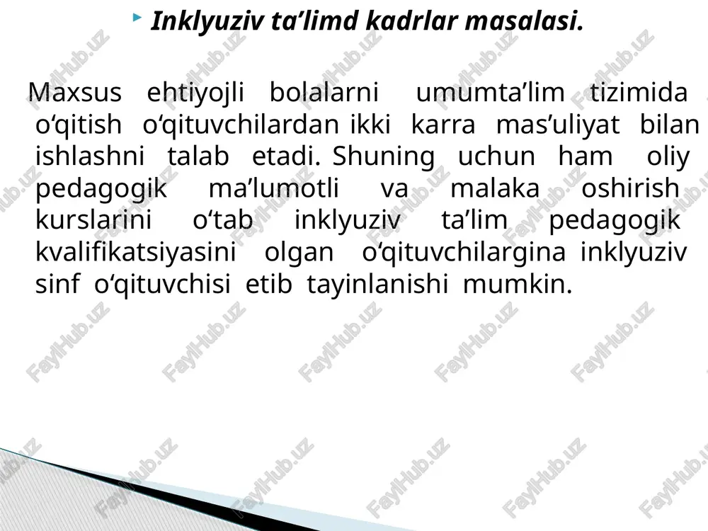 ning oldini olish uchun paydo bo'ldi. ushbu ta'lim sohasi so'nggi paytlarda adabiyotda diqqat markazida bo'ldi. kasalxona" so'zining gpga kiritilishi pedagogik vazifani belgilash va gpni pedagogikaning o'ziga xos sohasi sifatida ajratib ko'rsatishning asosiy funktsiyasiga ega. gospital pedagogikasi - uzoq muddatli davolanishda bo'lgan va sog'lig'i sababli ta'lim muassasalariga bora olmaydigan bolalar uchun ta'limni tashkil etish bilan bog'liq bo'lgan pedagogika bo'limi. kasalxona pedagogikasi pedagogikaning bir qismi bo'lib, o'z e'tiborini o'quvchilarning alohida toifasiga - uzoq muddatli davolanishga muhtoj bolalarga qaratadi. kasalxona maktablariga quyidagilar kiradi: 1. tibbiyot tashkiloti negizida faoliyat yurituvchi ta’lim tashkilotlari; 2. asosiy va qo'shimcha umumiy ta'lim dasturlarini o'zlashtirgan va uzoq muddatli davolanishga muhtoj o'quvchilar uchun ta'lim tashkilotlari (shu jumladan sanatoriy); 3. tibbiyot tashkilotining ixtisoslashtirilgan tarkibiy o'quv bo'linmalari. kasalxona o'qituvchisi o'z ishida oddiy maktabda qo'llaniladigan an'anaviy usullardan sezilarli darajada farq qiladigan usul va vositalardan foydalanadi. ushbu yondashuvning asosiy o'ziga xos xususiyatlari: 1. har bir bolaning individual ta'lim ehtiyojlarini hisobga olish zarurati, unga muvofiq …