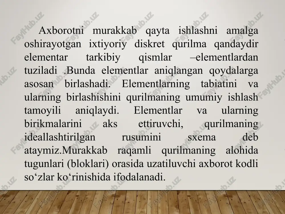 iladi. qattiq disk (vinchester) tashqi xotira hisoblanib, kompyuterda asosiy axborot saqlovchi qurilmadir. zamonaviy kompyuterlarda 80 gb dan 500 gb gacha bo’lgan qattiq disklar qo’llanilmoqda. operativ xotira (tezkor xotira) – mikroprosessor ish tezligini oshirish uchun ishlatiladi, ya’ni asosiy axborotlar o’qish va yozishda shu xotirada joylashadi. opreativ xotirada axborot faqat kompyuter yoqilgan holda saqlanadi. tizimli blokning asosiy qismlari ga oo; elementar mantigiy funksiyalar. mantiqiy elementlar - word (c6oi4 axrneaynn npoaykta) 7m - x tangrnn | octagea —qogath _tepkwonword __prinatractpamvs ccma pacchiia —_peuesaporahie. a ben % bopesare a 5 5 sb hori ~ ot 3 konuposare timesnewf [4 ja a aan bls sapopers, aabopsrr, aa5ob: acs68st aladi aasoser sasoserez gy 3 beraeute kk my + abe x, x? +e. ~ =~ 7 7 to6eiuhbii tes unte.. 3aronoso... 3aronoso. hassanme logsaron... cna6oes... |= ~ ar st gopmar no obpasuy habe x an ee ee li =] ds baigene bydbep o6mena & wpudt crman (& …