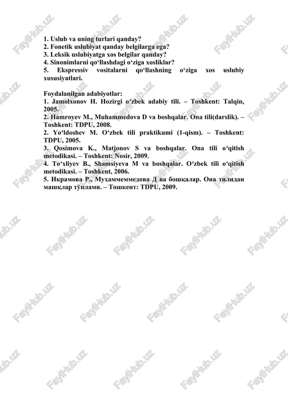 iga ishora qiladi, aniqlanuvchining boshqa shu turdan ajralib turishini ta’kidlaydi va shunday qilib, butun gapga qo‘shimcha vazifa yuklaydi: sizni ancha kutdim, tez kel, darrov jo‘na kabi; v / undoshni ikkilantirish bilan so‘zlovchi fikr obyektiga nisbatan o‘zining munosabatlarini, his-tuyg‘ularini ifoda etadi, ma’no kuchaytirishga intiladi, undoshi ikkilangan so‘zga diqqatni jalb etadi: ...hammasiga sen muttaham aybdor. ayyorlikda uchchiga chiqqan. mazza qiiib o‘tirdik; g / ohang orqali gap mazmuni (darak, so‘roq, undov) o‘zgarishidan tashqari piching, kesatiq, jerkish, achinish, koyish, shodlik, sevinch-quvonch kabilami ifoda etadi. d / o‘z o‘rnida qo‘llanganda ekspressiya hosil qilmaydi, ammo o‘rin almashganda, ma’lum bir uslubiy varifa bajaradi. e / pauza fikrni ma’lum bir maqsad bilan ifodalashga xizmat qilishi mumkin. pauzaning o‘ylanish, ikkilanish, sevinish, qo‘rqish, davomi bor kabi ma’nolarni ifodalashi bunga misoldir. dramatik asarlarda qachon, qayerda pauza bo‘lishi eslatiladi, badiiy va publitsistik asarlarda ko‘p nuqta bilan ifoda etiladi, uning qanday ma’noga xizmat qilishi matndan, og‘zaki nutqda esa nutq jarayonidan anglashiladi: lochinimdan xat …