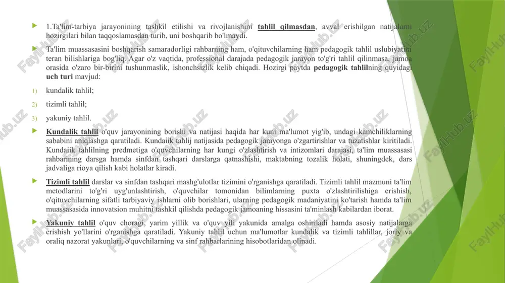 sida amalga oshirilgan ishlarni chuqur tahlil qilish asosida bir necha yilga mo’ljallab qabul qilinadi. ta'lim muassasasida, qabul qilinishi mumkin bo'lgan muddatli reja quyidagi ko'rinishda bo'lishi mumkin: 1. rejalashtirilgan muddatda ta'lim muassasasi oldiga qo'yilgan vazifalar. 2. guruhlarning imkoniyatlaridan kelib chiqib, o'quvchilarning yillik o'zlashtirish darajasi muddatlari. 3. ta'lim jarayoniga pedagogik innovatsiya (yangilik)larni olib kirish muddatlari. 4. ta'lim muassasasining pedagogik kadrlariga qo'yilgan talablari. 5. pedagog kadrlar malakasini turli shakllar (kurslar, seminarlar, treninglar) orqali oshirish. ta'lim muassasasini texnika hamda o'quv-metodik (qurilish ishlari, axborotlashtirish, ko'rgazmali qurollar, kutubxona fondini boyitish) ko'larnini rivojlantirish. o'qituvchi va o'quvchilarni ijtimoiy himoya qilish. yillik rejalashtirish butun o'quv yili hamda yozgi ta'tilni qamrab oladi. yillik rejalashtirish o'quv yili davomida amalga oshiriladi va ta'lim jarayonini tashkil etilishi (chorak, semestr)ga qarab bir necha bosqichlarni o'z ichiga oladi. yakuniy rejalashtirish o'quv choraklari uchun tuziladi, u bir yillik rejaning aniqlashgan ko'rinishi hisoblanadi. shu tarzda rejalashtirishning bunday aniqlashgan ko'rinishlari o'qituvchilar, o'quvchilar va ota-onalar qo'mitasining faoliyatini boshqarishga yordam …