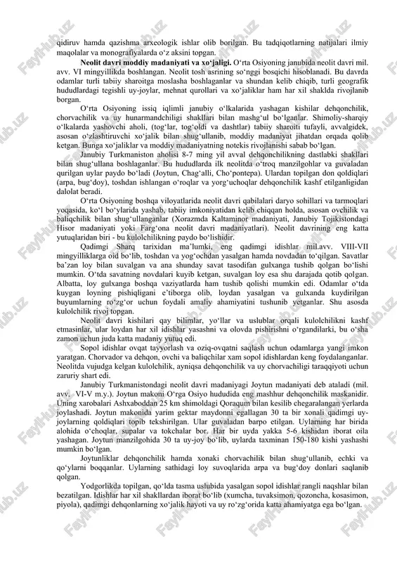 an qadoq toshlar ham bor. topilgan ashyolarga asoslanib obishirliklar baliqchilik, ovchilik va termachilik bilan shug‘ullangan deyishimiz mumkin. markaziy farg‘ona hududlaridan sho‘rko‘l, achchiqko‘l, yangiqadam, bekobod, zambar, toypoqko‘l kabi 80 ga yaqin mezolit davri yodgorliklari aniqlandi. ularning ko‘pchiligi ko‘l yoqalaridan topilgan bo‘lib aftidan bu joylar mezolit davri kishilarining yashashlari uchun ko‘pgina qulayliklarga ega bo‘lgan. bu yerlardan topilgan ko‘pgina qurol va tosh buyumlar o‘zining nisbatan nozikligi, ixchamligi bilan paleolit davri qurollaridan ajralib turadi. markaziy farg‘onadagi mezolit davri qabilalari xo‘jalik hayotida ovchilik, termachilik hamda baliqchilik ustunlik qilib, qulay tabiiy-geografik sharoit mazkur hududlarda qadimgi odamlarning keng tarqalib yashashlari uchun imkoniyat yaratgan. toshkentning g‘arbida, qadimgi bo‘zsuv anhori sohilida qo‘shilish mezolit makoni o‘rganilgan. ushbu makondan chaqmoqtoshdan ishlangan nukleuslar, mayda parrakchalar, uchrindilar, qirg‘ichlar, har xil shakldagi qurollar, tosh pichoqlar, silliqlangan tosh qurollar topilgan. qo‘shilish makoni topilmalari mil. avv. xi-x mingyilliklariga oid bo‘lib, bu yerda yashagan qadimgi qabilalar ovchilik va termachilik bilan shug‘ullanganlar. xullas, mil. avv. xi-x mingyilliklariga kelib …