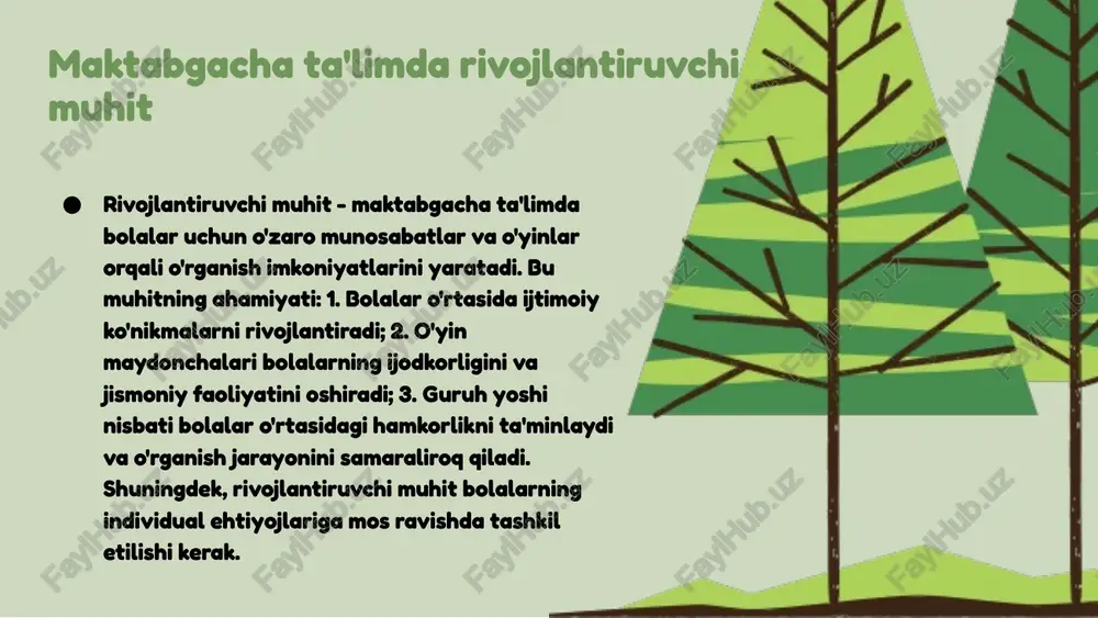 arni hal qilish qobiliyatini oshirishga yordam beradi. guruh dinamikasi, shuningdek, tarbiyachilarning bolalar bilan o'zaro munosabatlari orqali muhim ahamiyatga ega bo'lib, ularning o'zaro o'rganish jarayoniga ijobiy ta'sir ko'rsatadi. guruh o'yin maydonchasining ahamiyati guruh o'yin maydonchasi bolalar uchun muhim ijtimoiy rivojlanish manbai hisoblanadi. bu joyda bolalar bir-biri bilan muloqot qilib, do'stlik va hamkorlikni o'rganadilar, bu esa ularning shaxsiy va ijtimoiy ko'nikmalarini rivojlantiradi. o'yin maydonchasi bolalarga faoliyat va ijodkorlikni rag'batlantiradi. ular birgalikda o'yinlar o'ynab, yangi g'oyalarni sinab ko'radilar, bu esa ularning tanqidiy fikrlash qobiliyatini va ijodiy yondashuvini oshiradi. rivojlantiruvchi muhit va o'yinlar o'yinlar ta'lim jarayonida o'quvchilarning qiziqishini oshiradi va ularni faol ishtirok etishga undaydi. o'yinlar yordamida o'quvchilar muammolarni hal qilish ko'nikmalarini rivojlantiradilar. ushbu muhit o'quvchilarga o'zaro muloqot qilish imkonini berib, jamoa ishini rag'batlantiradi. o'yinlar orqali o'quvchilar amaliy tajriba orttirishadi va nazariy bilimlarini mustahkamlashadi. photo by marco canepa on unsplash guruh faoliyati va innovatsiyalar guruh faoliyatida innovatsion yondashuvlar muhim ahamiyatga ega. yangi o'yin va …