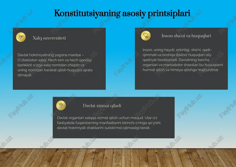 va saylana olish huquqiga ega. bu demokratiyaning asosi hisoblanadi. so’z erkinligi har kim o'z fikr va e'tiqodini erkin bildirish, axborot olish va tarqatish huquqiga ega. senzura qo'llanilmaydi. mulk huquqi shaxsiy mulk daxlsizdir va qonun bilan himoyalanadi. hech kim o'z mulkidan mahrum etilishi mumkin emas, faqat qonuniy asoslar bo'lgandagina. yig'ilishlar o'tkazish fuqarolar tinch yig'ilishlar, mitinglar va namoyishlar o'tkazish huquqiga ega. bu huquq qonun doirasida amalga oshiriladi. ta'lim va sog'liqni saqlash har bir fuqaro bepul ta'lim olish va tibbiy xizmatlardan foydalanish huquqiga ega. davlat bu sohalarni rivojlantirishga katta e'tibor beradi. mehnat va dam olish mehnat qilish va xavfsiz mehnat sharoitlarini ta'minlash, shuningdek, dam olish va ta'tildan foydalanish huquqlari kafolatlanadi. 6 konstitutsiya va jamiyat: huquqiy madaniyatni yuksaltirish konstitutsiyaviy huquqlardan samarali foydalanish uchun fuqarolarning huquqiy savodxonligi muhim ahamiyatga ega. shu sababli, davlat huquqiy madaniyatni oshirish bo'yicha keng ko'lamli ishlarni olib bormoqda. huquqiy ta'lim dasturlari maktablar, oliy o'quv yurtlari va maxsus markazlarda konstitutsiya va huquqiy …