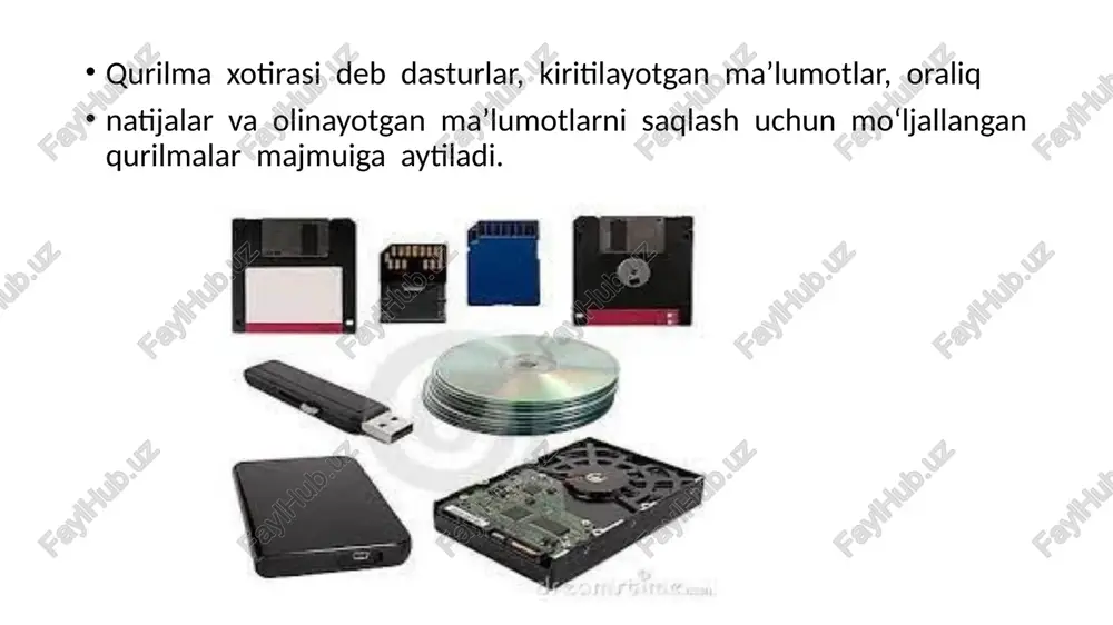 taladi. agar manzillarni ifodalash uchun m-bitli ikkilik kod birikmalaridan foydalanilsa, u holda xq dagi katakchalar soni n=2m ni tashkil qiladi. xotirada saqlanishi mumkin bo'lgan axborot miqdori uning sig'imi ni belgilaydi. sig’imlar n x n = m bit shaklida saqlangan so'zlarning n raziryadlar n katakchalar soni sifatida ifodalanadi. ko'pincha katakchalarning bit xajmi bayt (8 bit) sifatida tanlanadi. katta sig'im qiymatlari ko'pincha k = 210 = 1024 birliklarda ifodalanadi. masalan, m = 64 kb = 64*1024*8 bit. xq ning tezligi ikkita parametr bilan tavsiflanadi: tanlov vaqti tv, ya'ni tanlov signali berilgan moment va chiqishda ma'lumotlarning paydo bo'lishi o'rtasidagi vaqt oralig'i va yozish davri tyd , bu yozish paytida tanlov signali berilgan vaqt va keyingi xotiraga kirishga ruxsat berilgan vaqt o'rtasidagi minimal ruxsat etilgan vaqt bilan belgilanadi. prom mikrosxemalari qo'shimcha ravishda ularda qayd etilgan ma'lumotlarni saqlash vaqti, shuningdek, qayta yozish sikllarining ruxsat etilgan soni bilan tavsiflanadi. operativ xotira qurilmasi (ram) doimiy xotira qurilmalari …