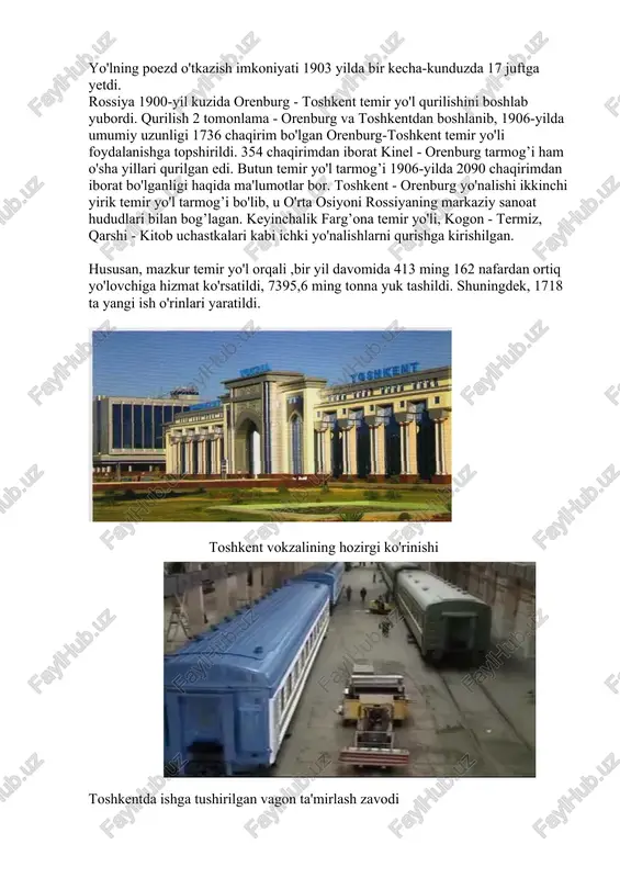 arni samarqanddan toshkent va andijongacha davom ettirishga kirishilib, temir yo'l uzunligi 2368 chaqirimga yetdi. yo'lning 1748 chaqirimi krasnovodsk - toshkent yo'nalishiga, 294 chaqirimi murg’ob, 306 chaqirimi andijon tarmog’iga, 12 chaqirimi kogon - buhoro va 8 chaqirimi gorchakovo (marg’ilon) - skobelev (farg’ona) uchastkalariga to’g’ri keldi. temir yo'llarda 99 stansiya, 96 ko'prik, ko'plab turar joylar, ustahonalar, bilim yurtlari bunyod etildi. yo'lning poezd o'tkazish imkoniyati 1903 yilda bir kecha-kunduzda 17 juftga yetdi. rossiya 1900-yil kuzida orenburg - toshkent temir yo'l qurilishini boshlab yubordi. qurilish 2 tomonlama - orenburg va toshkentdan boshlanib, 1906-yilda umumiy uzunligi 1736 chaqirim bo'lgan orenburg-toshkent temir yo'li foydalanishga topshirildi. 354 chaqirimdan iborat kinel - orenburg tarmog’i ham o'sha yillari qurilgan edi. butun temir yo'l tarmog’i 1906-yilda 2090 chaqirimdan iborat bo'lganligi haqida ma'lumotlar bor. toshkent - orenburg yo'nalishi ikkinchi yirik temir yo'l tarmog’i bo'lib, u o'rta osiyoni rossiyaning markaziy sanoat hududlari bilan bog’lagan. keyinchalik farg’ona temir yo'li, kogon - termiz, qarshi …