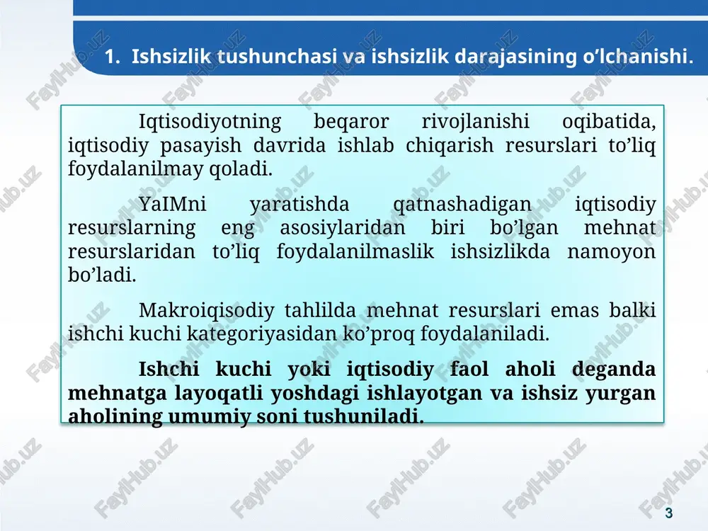 n aqshga qaratilgan bo’lsa ham, ko’plab hayratlanarli va ba’zida tushunarsiz g’oyalar oydin bo’lib qoladi, qachonki biz aqsh tajribasini yevropaning ishchi bozori bilan solishtirsak. yevropadagi ishsizlikning o’sishi: quyidagi rasm 1960-2007-yillarda eng katta yevropa davlatlari fransiya, germaniya, italiya va buyuk britniyadagi ishsizlik darajasidagi ko’rsatadi. ko’rib turganingizdek davlatlarda ishsizlik darajasi sezilarli sezilarli darajada o’sgan.fransiya va germaniyada bu o’zgarish doimiy e’lon qilib turiladi:ishsizlik darajasi 960-yillarda 2% edi va hozir 10%atrofida. * italiya fransiya germaniya birlashgan qirollik bu rasm yevropadagi to’rtda yirik millatlardagi ishsizlik darajasini ko’rsatadi. yevropada ishsizlik darajasi, ayniqsa, fransiya va germaniyada sezilarli vaqt davomida oshdi. manba: mehnat statistikasi byurosi. ishsizlar foizda yillar * yevropadagi ishsizlikning o’sish sababi nima? yevropaning ko’p davlatlarida ishsizlar uchun ko’plab saxiy dasturlari bor, bu haqida gap bo’lishi mumkin emas. bu dasturlar ko’plab nomlar ostida chiqadi: ijtimoiy sug’urta, salomatlik qonuni, yoki oddiy ishsizlik nafaqasi. ko’plab davlatlar ishsizlarga davlat yordamini yillab olib yotishga ruxsat beradi, aqshdagiga o’xshab qisqa muddatli nafaqa berishning …