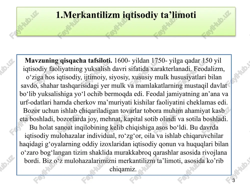 ini, tashqi savdoni ma’muriy yo’l bilan qattiq tartibga solish asosida mamlakatning pul boyligini ko’paytirishga qaratilgan (mamlakat puli qancha ko’p bo’lsa, u shuncha boy hisoblangan). dastlabki merkantilizm oltin va kumushni boylikning mutlaq shakli deb qaradi va uni chetdan olib kelish yo’lini qidirdi. dastlabki merkantilizm 8 - eksport qilinadigan tovarlarga maksimum yuqori baho o’rnatishni; - tovarlar importini har tomonlama cheklashni; - mamlakatdan oltin va kumushning oqib chiqib ketishiga yo’l qo’ymaslikni. dastlabki merkantilizm tashqi savdoda ijobiy saldoga erishish uchun quyidagilar maqsadga muvofiq hisobladilar: 9 keyingi merkantilizm xvi asrning ikkinchi yarmidan xvii asrning ikkinchi yarmigacha bo’lgan davrni o’z ichiga oladi. (uning asosiy vakillaridan biri ingliz tomas man hisoblanadi). bu davrga kelib milliy sanoat va savdoni rivojlanishining davlat tomonidan rag’batlantirilishi sababli, mamlakatlar o’rtasida savdo aloqalari keng va muntazam rivojlana boshladi. dastlabki merkantilistlarning «pul balansi» o’rniga keyingi merkantilistlarning «savdo balansi» nazariyasi kelib chiqdi. «savdo balansi» nazariyasi (yoki yetuk merkantilizm) angliyada keng tarqala boshladi. mazkur kontseptsiya vakillari …