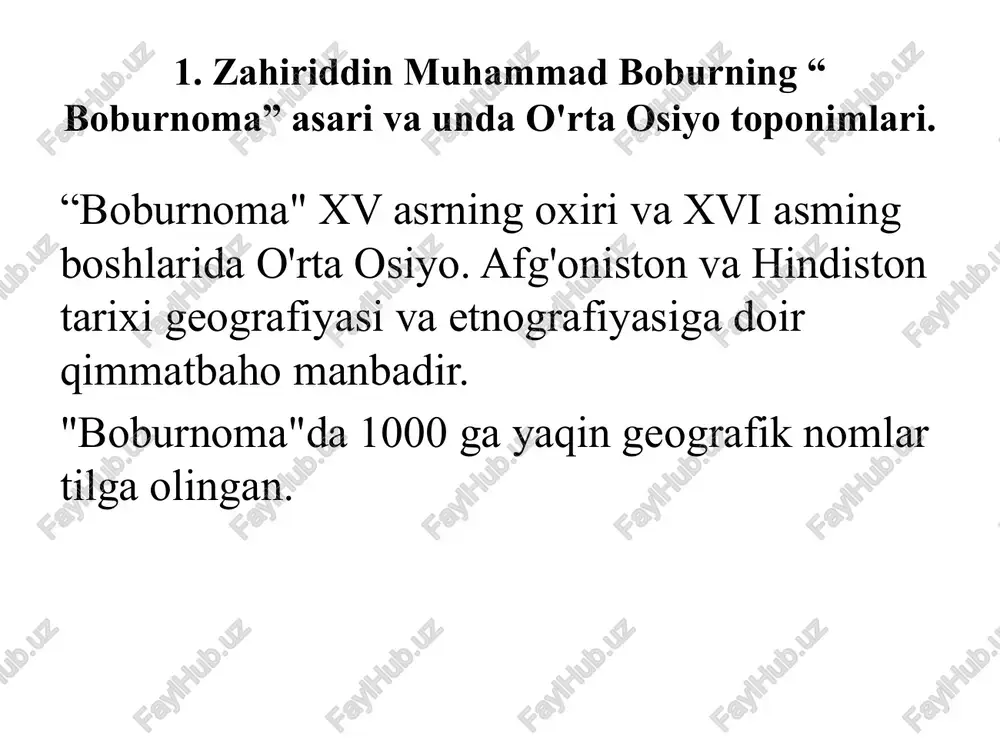 mson (oltin), chopqun (bo‘ron). uchma (tik yonbag‘ir), langat, yozi (dala. dasht). o‘rdu (o‘rda). dasht, kadxudo, oila (xo‘jalik), shoxob, jar, yakraqa (yolg'izoyoq yo‘l), sahro, biyobon, balandi (tepalik), koriz, tog‘ etagi, yurt (qo'nish joyi), ushoq tog'lar, jangal (o‘rmon). la’limi (bahorikorlik). jazoyir (orol), to‘qay (daryo tirsagi), orol, jar, balchiq. “boburnoma”da o'simlik hamda hayvonlarning bundan besh asr oldin qanday nomlar bilan atalishi va ularning toponimlarda aks etishini bilish mumkin. kark (karkidon), qulon, bug'u mara, kiyik kabi hayvonlar juda serob bo‘lgan va bir qancha joylar shu hayvon nom lari bilan atalgan. karkxona. qulonlisoy. maralboshi. kiyikli va hokazo. bobur davridan hozirgacha deyarli o'zgarmagan hayvon nomlari: bo'dana (bedana), kiyik, maral, qulon, qo'ton. qoz (g‘oz), tovuq, qarqara, qarchig'ay. tuyg'un (oq qarchig‘ay), fil, arqar, kish (sobol), shag‘al (chiyabo‘ri), olaqarg‘a, qarlug‘och (qaldurg‘och), zog'cha, itning kuchugi (it-vachcha) va boshqalar. bobur juda ko'p urug - qabilalar nomini tilga oiadi. shunisi harakterliki, kishi ismi bilan birga ko'pincha uning qaysi urug‘dan ekani aytib o‘tiladi: …