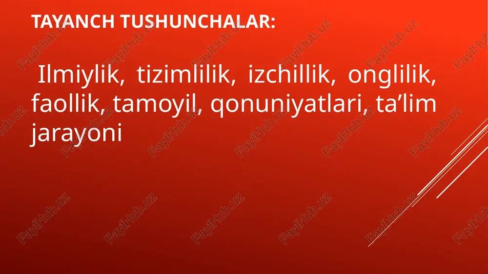 tahkamligi); - ta'limning tushunarliligi; - guruhli va individual ta'lim birligi; - ta'limning o'quvchilar yoshi va individual xususiyatlariga mos kelishi; - oqilona talabchanlik bilan bola shaxsini hurmat qilishning muvofiqliligi; pedagogik hamkorlik. e'tiboringiz uchun raxmat. image1.wmf image2.wmf /docprops/thumbnail.jpeg