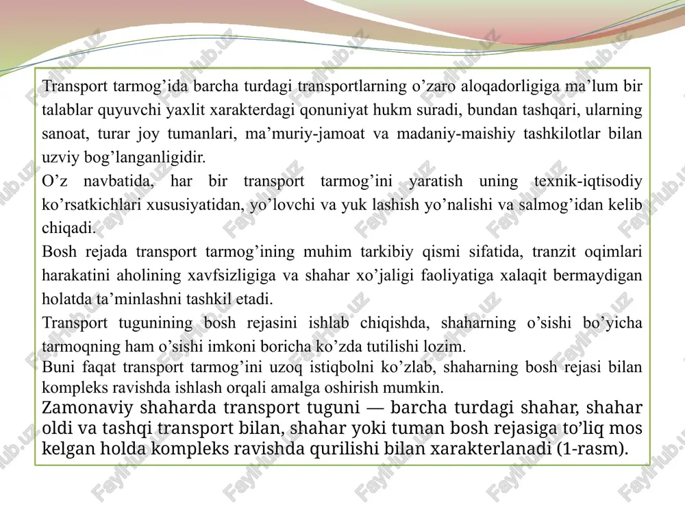 rtlaridan foydalanish maqsadga muvofiqdir. yo’lovchi va yuk tashish oqimining hisobiy hajmi, bundan tashqari, ko’cha harakatining jadalligi shaharning hajmiga, undagi aholi soniga, turar joy, mehnat qilish va dam olish maskanlarining o’zaro joylashishiga, hudud shakliga va shahar loyihasining kompaktligiga, ko’cha-yo’l tarmog’ining zichligi va boshqa ko’pgina shaharsozlik omillariga bog’liq. bundan ko’rinadiki, shahar bosh rejasini qurishda barcha turdagi transportlarning hisobiy harakat hajmini qaralayotgan aniq bir shaharga mos ravishda to’g’ri aniqlash muhim o’rin tutadi. harakatning hisobiy hajmi o’z navbatida transport ob’ektlarini loyihalashda texnik parametrlarni va sifatiy ko’rsatkichlarni aniqlaydi. transportning yangi talablari ko’cha harakatining so’nggi yillarda keskin oshishi munosabati bilan bosh rejani ishlashda eski uslublardan voz kechib, yangi progressiv uslublardan foydalanishni taqozo etadi (juda mayda kvartallardan voz kechish, ko’cha-yo’l tarmog’i zichligini keskin oshib ketishiga yo’l qo’ymaslik, chorrahalarni bir necha sathli qilib loyihalash va h.k.). transport va shaharning loyihasi o’rtasidagi bog’liqlik masalasini yechishda ikkita o’ziga xos muammo paydo bo’ladi. birinchisi — eski shaharlarda transport tizimining yangi talablaridan …