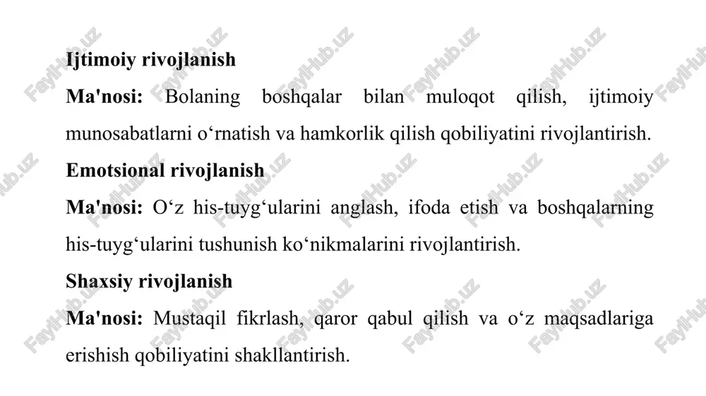o‘rtasida bilim va tajriba almashinuvi uchun sharoit yaratish, hamkorlikda ishlashni rag‘batlantirish. demak, maktabgacha ta’limda kompetensiyaviy yondashuv bolalarning har tomonlama rivojlanishini ta'minlaydi. bu yondashuv, an'anaviy ta'lim usullaridan farqli ravishda, bolalarning o‘z bilimlarini amaliyotda qo‘llashlariga va mustaqil ravishda o‘rganishlariga yordam beradi. shunday qilib, maktabgacha ta’lim muassasalarida bu yondashuvni qo‘llash bolalarning kelajakdagi muvaffaqiyatlari uchun muhim ahamiyatga ega. bolaning rivojlanish sohalari kompetensiyalari — bu bolalarning turli faoliyatlar va hayotiy vaziyatlarda muvaffaqiyatli bo‘lishlari uchun zarur bo‘lgan bilim, ko‘nikma va shaxsiy sifatlar majmui. maktabgacha ta’limda bolalarning rivojlanishi quyidagi asosiy sohalar bo‘yicha amalga oshiriladi: 1. jismoniy rivojlanish kompetensiyalar: harakat ko‘nikmalari (yugurish, sakrash, chiqish va boshqalar). jismoniy faoliyat va sportga qiziqish. tanaviy his-tuyg‘ularni boshqarish (masalan, kuch, tezlik, muvozanat). 2. intellektual rivojlanish kompetensiyalar: analitik fikrlash va muammolarni hal qilish qobiliyati. yangi bilimlarni o‘zlashtirish va qo‘llash ko‘nikmalari. tahlil qilish va umumlashtirish qobiliyati. 3. ijtimoiy rivojlanish kompetensiyalar: o‘zaro muloqot qilish va boshqalar bilan ishlash ko‘nikmalari. ijtimoiy munosabatlarni o‘rnatish va rivojlantirish. empatiya, …