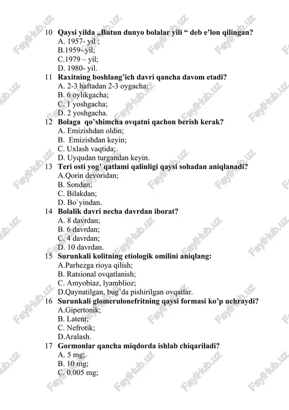 sh; b. ratsional ovqatlanish; c. amyobiaz, lyamblioz; d.qaynatilgan, bug’da pishirilgan ovqatlar. 16 surunkali glomerulonefritning qaysi formasi ko’p uchraydi? a.gipertonik; b. latent; c. nefrotik; d.aralash. 17 gormonlar qancha miqdorda ishlab chiqariladi? a. 5 mg; b. 10 mg; c. 0.005 mg; d. grammning milliard qismiga teng. 18 gomeostaz nima? a.ichki muhit doimiyligi; b. ko’z ichki bosimi; c. reflekslarning pasayishi; d.qondagi elementlarning pasayishi. 19 bakteriologik tekshirish uchun balg’am nimaga yig’iladi? a.quruq probirkaga; b. quruq bankaga; c. steril probirkaga; d.steril bankaga. 20 kechki, “ochlik”og’riqlari xarakterli: a.surunkali gastrit; b. surunkali duodenit; c. 12 barmoqli ichak yara kasalligi; d.jigar sirrozi. kasbiy nazariy test savollari 1 v.xenderson hamshiralik parvarishiga bergan ta’rifini ko’rsating. a.«men kasallikni emas, kasal bo’lgan bemorni davolayman»; b. «parvarish bemorga mustaqil bo’lishda yordam berishi lozim»; c. «parvarish orqali bemorning biologik, psixologik va ijtimoiy ehtiyojlari qondirilishiga qaratilgan»; d.«agar insonda yetarlicha jismoniy kuch, xohish va bilim bo’lsa, ehtimol, u boshqalarning yordamisiz sog’lom hayot kechirishi, sog’ayib ketishi yoki …