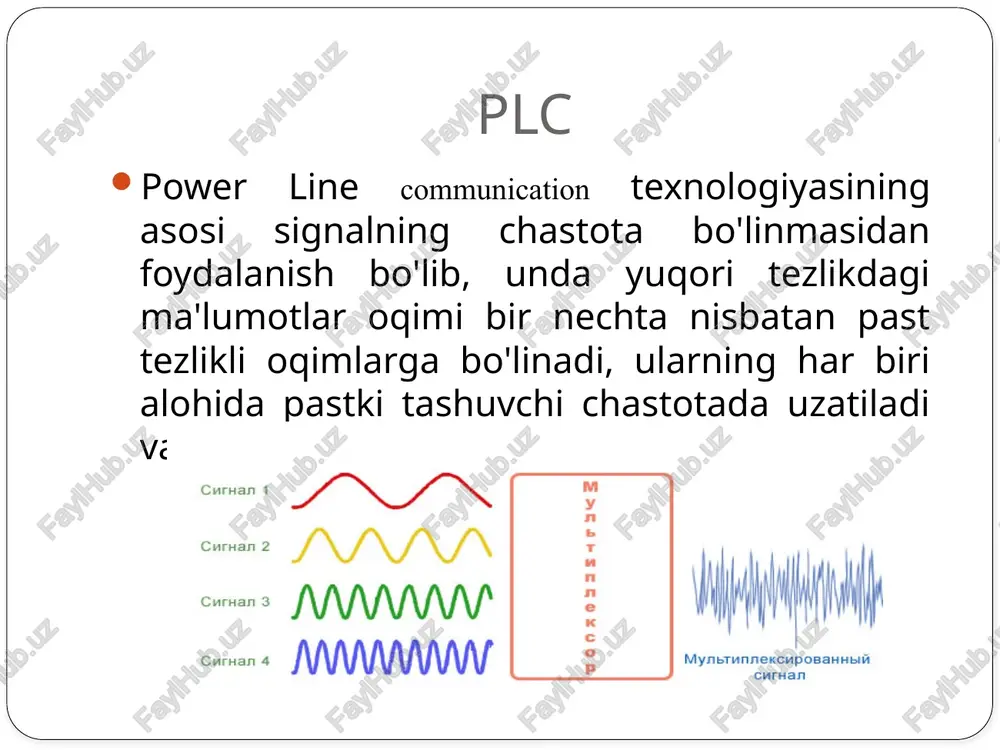 b kelmaydi. plc 10 plc qurilmalarining o'zlari uchun yana bir muhim muammo - bu impulsli shovqin, uning manbalari turli xil zaryadlovchilar, galogen lampalar, turli xil elektr jihozlarini yoqish yoki o'chirish bo'lishi mumkin. impuls shovqin - qisqa kuchlanish kuchlanishi fonda ko'proq yoki kamroq barqaror asosiy kuchlanish. plc 11 plc qurilmasi tez o'zgaruvchan sharoitlarga moslashishga vaqt topa olmaydi, chunki ularning davomiyligi bir mikrosekundga teng yoki undan kam bo'lishi mumkin. ushbu muammoni hal qilish uchun bit oqimlarining kaskad kodlashi ularni modulyatsiya qilishdan va keyinchalik tarmoqqa uzatishdan oldin qo'llaniladi. xatolarni tuzatuvchi kodlashning mohiyati dastlabki axborot oqimiga ortiqcha bitlarni qo'shishdan iborat bo'lib, ular qabul qiluvchi tomonda dekoder tomonidan xatolarni aniqlash va tuzatish uchun ishlatiladi. reed-solomon blokini kaskadlash va viterbi algoritmi yordamida dekodlangan oddiy o'ta aniq kod sizga nafaqat bitta xatolarni, balki xatolar ko’p bo’lganida ham tuzatishga imkon beradi, bu uzatilgan ma'lumotlarning yaxlitligini sezilarli darajada oshiradi. plc imkoniyatlari 12 bundan tashqari, shovqinga chidamli kodlash umumiy uzatish …
