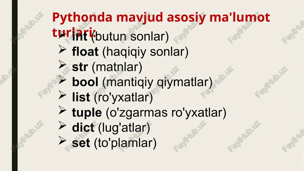 rint(student) # natija: {} lug‘at ichidagi barcha kalitlar, qiymatlar va juftliklarni olish keys() — barcha kalitlarni oladi. values() — barcha giymatilarni oladi. items() — barcha kalit-qiymat juftliklarini oladi. # kalitlarni olish print(student. keys()) # qiymatlarni olish print(student.values()) # kalit-qiymat juftliklarini olish print(student. items()) colors = {"red", "green", "blue"} setlar qavslar ( {} ) yordamida yoki set() funksiyasi bilan yaratiladi. bo’sh set yaratish uchun set() funksiyasidan foydalanish kerak, chunki {} bo‘sh lug‘atni bildiradi. # set yaratish fruits = {"apple", "banana", “cherry"} print(fruits) # bo'sh set yaratish empty_set = set() * add() metodi orqali setga bitta element go’shish mumkin. © update() metodi boshga set yoki ro‘yxatdan bir nechta elementlarni go’shadi. # bitta element qo'shish fruits add ("orange") print (fruits) # bir nechta element qo'shish fruits.update([ "mango", "grape"]) print (fruits) remove() metodi ko'rsatilgan elementni o'chiradi, lekin element mavjud bo'lmasa, xato beradi. discard() metodi element mavjud bo'lsa o’chiradi, mavjud bo'lmasa, xato bermaydi. pop() metodi …