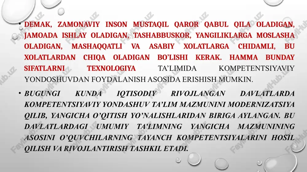 yaratish olib borilmoqda: kommunikativ kompetentsiya axborot bilan ishlash kompetentsiyasi shaxs sifatida o’z-o’zini rivojlantirish kompetentsiyasi ijtimoiy faol fuqarolik kompetentsiyasi umummadaniy kompetentsiyalar matematik savodxonlik, fan va texnika yangiliklaridan xabardor bo’lish hamda foydalanish kompetentsiyasi texnologiya ta’limi fanga oid kompetentsiya kommunikativ, axborot bilan ishlash, shaxs sifatida o’z-o’zini rivojlantirish, ijtimoiy faol fuqarolik, umummadaniy hamda fan va texnika yangiliklaridan xabardor bo’lish hamda foydalanish kompetentsiyalari tushunchalariga umumiy ta’riflar berilgan bo’lsa ham, biz bu kompetentsiyalarga texnologiya va uni o’qitish metodikasi fanining o’ziga xosligi va o’quvchilarning yoshi va psixologik xususiyatini xisobga olgan xolda yondashdik. barchamizga ma’lumki, texnologiya va uni o’qitish metodikasi fani insonning aqlini o’stiradi, uning diqqatini rivojlantiradi, ko’zlangan (rivojlantirilgan) maqsadga erishish uchun o’zida qat’iyat va irodani tarbiyalaydi, o’zidagi algoritmik tarzdagi tartib-intizomlilikni ta’minlaydi va eng muhimi uning tafakkuri kengayadi. umumiy o’rta va o’rta maxsus, kasb-hunar ta’limida texnologiya va uni o’qitish fanini o’rganishning asosiy maqsadlari: o’quvchilarning hayotiy tasavvurlari bilan amaliy faoliyatlarini umumlashtirib borib, ijtimoiy texnologiya bilan bog’liq bilimlarni hayotga tatbiq …