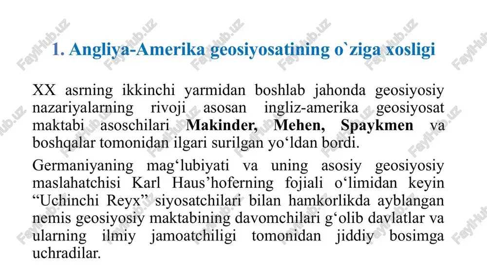 eliga jiddiy o‘zgartirishlar kiritgan makinder “hartland”ning chegarasini shimoliy atlantikaga qadar “kengaytirdi”, hatto ularni “birlashtirdi”. heartland (yuragi, yerning yuragi) - yevrosiyoning massiv shimoli-sharqiy qismi, janub va sharqda tog' tizimlari bilan chegaralangan, ammo uning chegaralari turli tadqiqotchilar tomonidan turlicha belgilanadi. heartland geosiyosiy kontseptsiyaning asosiy kontseptsiyasi bo'lib, birinchi marta 1904 yil 25 yanvarda britaniyalik geograf va oksford universiteti professori xelford j. makkinder qirollik geografik jamiyatiga bergan ma'ruzasida taklif qilgan va keyinchalik mashhur "tarixning geografik o'chog'i" maqolasida e'lon qilingan. bu kontseptsiya klassik g'arb geopolitikasi va geostrategiyasining rivojlanishi uchun boshlang'ich nuqta bo'ldi. makinder karib dengizi havzasidagi davlatlar bilan ittifoqda “ingliz-amerika rahnamoligi” haqidagi yangi geostrategik modelni qa’iyat bilan asoslashga urindi. 1945 yilda aqsh tadqiqotchisi s.hantington “sivilizatsiyaning asosiy harakatlantiruvchi kuchlari” asarini chop ettirdi. 1944 yilda, so‘ngra 1949 yilda “jahon kompasi” va “jahonning yangi kompasi” to‘plamlari nashr qilindi. bu to‘plamlarning yetakchi mualliflari kelajakda aqsh bilan sssr o‘rtasida urush chiqishi muqarrar ekanini isbotlashga urindilar. bu asarlarda “tajovuzkorlik rossiya, keyin …
