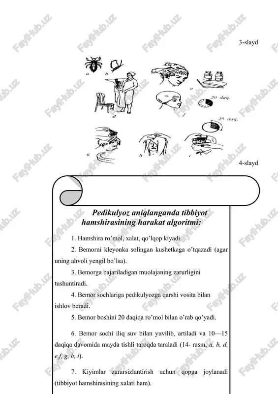 i o’ralib, uning o’rniga tozasi yoziladi. 3. bemorni toza choyshab ustiga yotqizib, boshqa tomondan kir choyshab tortib olinadi. ii usul. bemorga qat'iy yotoq buyurilib, harakat cheklanganda. 1. kir choyshab bosh va oyoq tomondan qayirib yoki buklab chiqiladi. 2. bemorni asta ko’tariladi. 3. choyshab chtiyotlik bilan chiqariladi. 4. i kki tomondan bint kabi o’ralgan toza choyshabni bemorning dumg’azasi tagiga qo’yiladi, so’ngra boshi va oyoqlari tomon yoziladi ) ( o’tkir va surunkali kasalliklar bilan og’rigan bemorlarni parvarish qilish qat ti y yotish tartibiga rioya qilishi kerak bo’lgan bemorlarda ichi va siydik qopini bo’shatishlari uchun tuvak va siydikdon qo’llaniladi (ayollarda ko’pincha siydik ajratishda ham tuvak tutiladi). tuvaklar rezina va emallangan metalldan bo’lishi mumkin . bemor tagiga tuvak qo’yish algoritmi: 1. hamshira qo’lqop kiyadi. 2. bemor ichi va siydik qopini bo’shatmoqchi bo`lsa, hamshira to’siq yordamida bemorni berkitadi va tagiga kleyonka soladi. 3. tuvakni iliq suv bilan chayib, ichida ozgina suv bilan olib keladi. 4. …