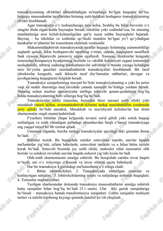 odiy agentlar orasida boylik qayta taqsimlanadi. savdo bitimi transaksiyasida mulkchilik va erkinlik huquqlarini amalda qo‘lga kiritish va ulardan voz kechishni amalga oshirish uchun taraflarning ulardan har birining iqtisodiy manfaatiga asoslangan ikki tomonlama roziligi zarur. savdo bitimi transaksiyasi – unda taraflar o‘rtasidagi huquqiy munosabatlarning o‘xshashligi shartlariga amal qilish mumkin bo‘lgan yagona shakl. bunday savdo bitimi transaksiyasiga yollanma xodim va ish beruvchi (yoki ular ittifoqlari)ning mehnat bozoridagi harakatlari, qonun chiqaruvchilarning siyosiy bozordagi xatti-harakatlari, kre¬ditor va qarzdorning vaqtinchalik bo‘sh turgan pul mablag‘lari bozoridagi harakatlari misol bo‘la oladi. taraflardan har biri almashuvda ishtirok etish to‘g‘risida mustaqil tarzda yakuniy qaror qabul qiladi. shu nuqtai nazardan savdo transaksiyasi huquqiy jihatdan teng, lekin muzokaraviy kuchda teng bo‘lishi shart bo‘lmagan, taraflar o‘rtasida amalga oshiriladi. biroq, har qanday holatda savdo bitimi transaksiyasining mohiyati almashuvchi taraflar o‘rtasidagi ixtiyoriy kelishuv asosida mulkchilik huquqlari bilan almashishdan iborat, bu ushbu iqtisodiyot sub'ektlari huquqiy munosabatlarining o‘xshashligi oqibatidir. boshqaruv transaksiyasida insonlar o‘rtasidagi qaror qabul qilish …