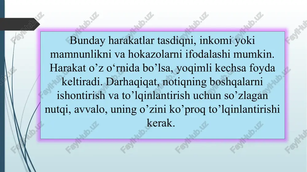 am, aktyorlik mahorati bo’lishi zarur. zero, asarda ishtirok etuvchilarning xarakter xususiyatlari, ichki kechinmalarini og’zaki ijroda aks ettirish uchun asarning umumiy ruhini his qilish bilan bir qatorda, qahramonlar holatiga kirish ham talab etiladi. qahramonlar holatiga kirishda esa, ikki narsa juda muhimdir: bulardan birinchisi - ovoz. ifodali o’qishda ovoz shunday bo’lishi kerakki, g’azabli joylarda tarang, keskin, shiddatkor, sokin o’rinlarda muloyim, his-hayajonli lavhalarda esa, ehtirosli, titroq holda o’zgarib tursin. asar mazmunidan kelib chiqqan holda, ovozning past, baland yoki o’rtacha ohangda tovlanib turishi asar mohiyatini tushunish, ta’sirchanligini oshirish barobarida, eshituvchiga cheksiz zavq-shavq ham bag’ishlaydi. ikkinchidan, ifodali o’qishda og’zaki ijrochining yuz ifodasi va harakatlari ham muhim ahamiyat kasb etadi. ifodali o’qish davomida harakatlardan shunday foydalanish, bu harakatlar aytilayotgan fikrlarni yanada to’ldirishga, bo’layotgan voqealarni ko’z oldimizda yorqin jonlantirishga yordam bersin. notiq qaddini to’g’ri va raso tutishi, yursa - ozgina va ba’zan yurishi, oldinga chiqsa - me’yorida va ba’zida chiqishi, bo’ynini bo’shashtirmasligi, barmoqlarini o’ynatmasligi, lozim bo’lgan o’rinlarda, …
