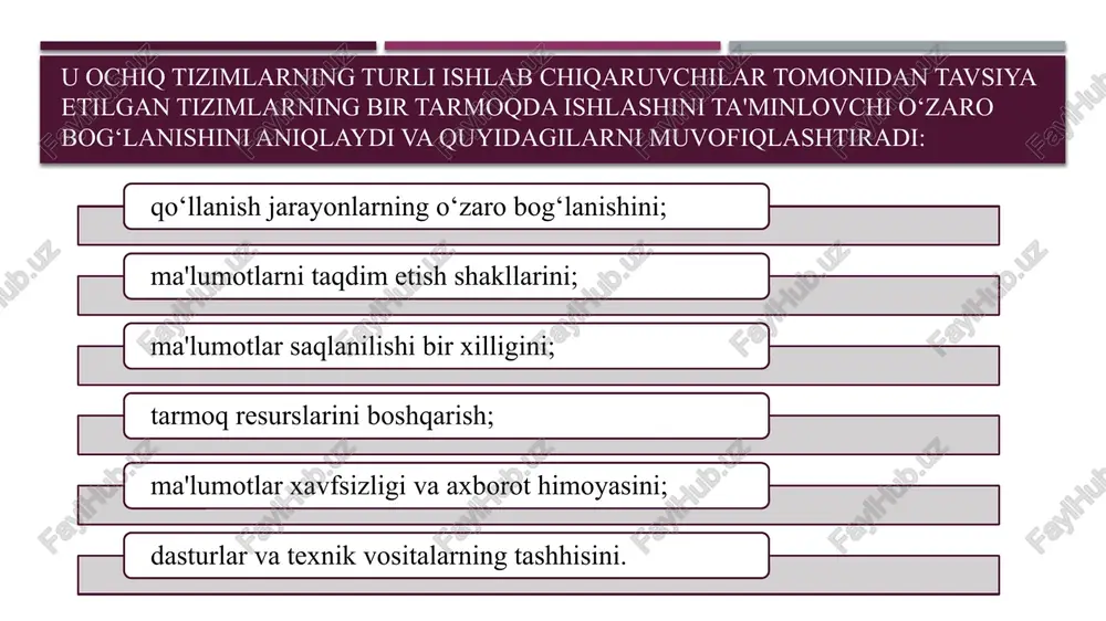 tomondan, transport pog‘onasidan yuqori pog‘onadagi qo‘llanish dasturlar va protokollari tomondan ishonchlilikni ta'minlash, ikkinchi tomondan esa, quyi joylashgan tarmoq, kanal va fizik pog‘onalarining ma'lumotlarini tarmoqqa uzatish tizimi qanchalik ishonchli ekanligiga bog‘liq. 5.seans pog‘onasi (session layer) har xil komp'yuterlardagi ikki qo‘llanish dasturlari orasida seans deb ataluvchi bog‘lanishni o‘rnatish, foydalanish va yakunlash imkonini beradi. ushbu pog‘onada tarmoqdagi ikki qo‘llanish dasturlar aloqasi uchun zarur bo‘lgan nomlarni tanib olish va himoya vazifalari bajariladi, o‘zaro bog‘lanish jarayonlar o‘rtasida dialogni boshqarishni ta'minlaydi, ya'ni tomonlardan qaysi biri qachon va qancha vaqt uzatish bajarishini boshqaradi. 6.taqdimot pog‘onasi (presentation layer) tarmoq kompyuterlari o‘rtasida ma'lumotlar almashuvi shaklini belgilaydi. qo‘llanish pog‘onasidan kelib tushgan ma'lumotlar yuboruvchi-komp'yuterda umumlashtirilib oraliq shaklga o‘tkaziladi. qabul qiluvchi-komp'yuterda oraliq shakldan ushbu komp'yuterning qo‘llanish pog‘onasida ishlatiladigan shaklga aylantirish bajariladi, ya'ni takdimot pog‘onasi tarmoqda uzatilayotgan axborotning tarkibini o‘zgartirmagan holda uni kasb etish shakli bilan ishlaydi 7.amaliy pog‘onasi (application layer) modelning eng yuqori pog‘onasi bo‘lib, qo‘llanish jarayonlarining tarmoq xizmatlariga kirish uchun imkon …