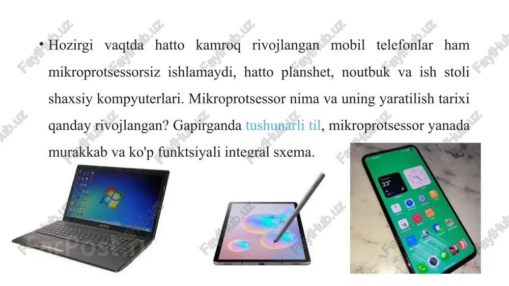 ash mumkin. birchipli mikro-exm lar - mikroprotsessorga qo'shimcha ravishda kristall ramkani o'z ichiga oladi; - oddiy qo’llanish; - past soat chastotasi tufayli bme ning ishlashi past, ammo ular yuqori tezlikdagi operatsiyalar uchun mo'ljallanmagan. seksiyali mikroprotsessorlar bir xil maqsaddagi va nomdagi bir nechta chiplarni birlashtirib, razryadlar sonini oshirishga ruxsat berish; alu va ic ramkasining alohida komponentlariga ajiratish; ma'lumotlar shinasi, manzillar, alu razryadini va ulanuvchi ram miqdorini oshirishga imkon beradi. mikroprotsessor tizimi mpt- ixtisoslashtirilgan hisoblash, axborot, boshqaruv yoki nazorat – o’lchash tizimi bo'lib, unda asosiy axborotni qayta ishlash qurilmasi mikroprotsessor hisoblanadi. mikroprotsessor tizimining (mpt) tipik tuzilmasi markaziy protsessorni, (mps vazifalariga qarab yuqorida muhokama qilingan mikroprotsessor turlaridan biri bo'lishi mumkin) dastur va ma'lumotlar xotirasiga, kirish/chiqish portlariga vatashqi qurilmalarni ulashuchun tizim shinasini o'z ichiga oladi. eng muhim xususiyatlar: 1. takt chastotasi kompyuterning tezligini xarakterlaydi va mikroprotsessor bir soniyada qancha elementar amallarni bajarishini ko'rsatadi. 2. mikroprotsessorning razryadi ikkilik sonning maksimal raqamlari soni bo'lib, unda bir …