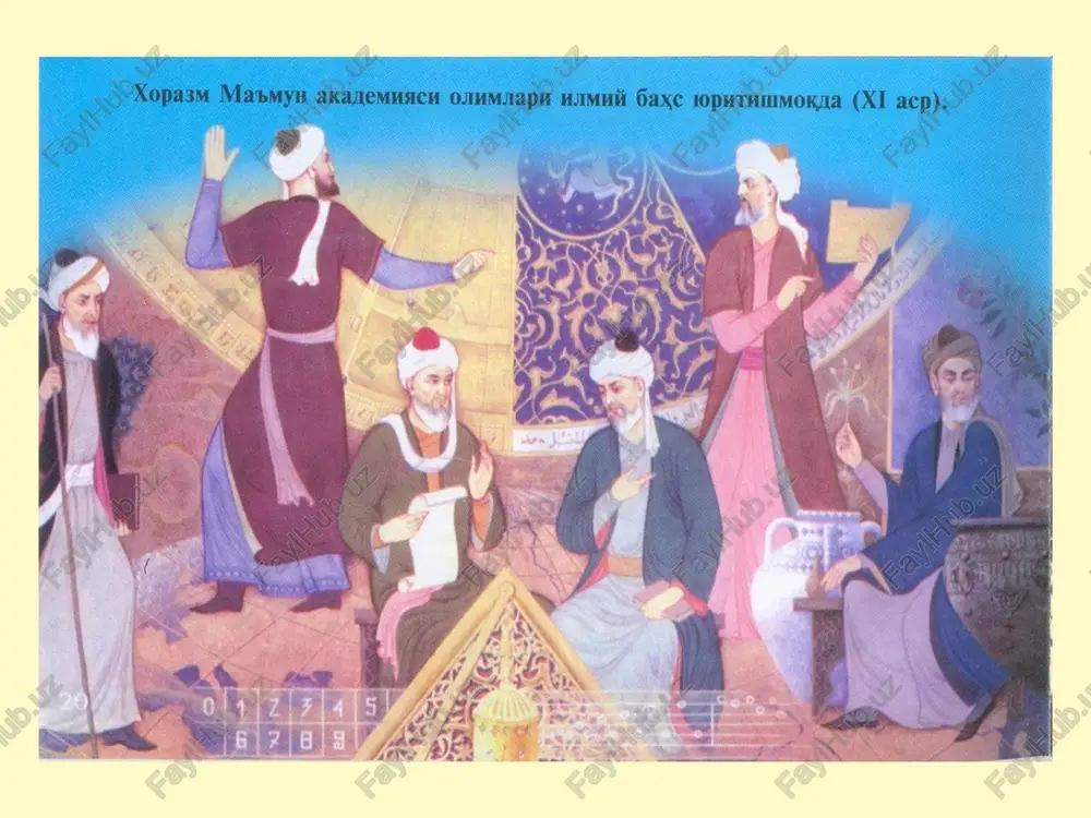likdan 165 tasi hozirgi zamon tibbiyotida qo'llanilmoqda. 100 tasi esa sobiq ittifoq farmonologiyasiga kiritilgan. (a.a.qodirov «o'rta osiyoda meditsinaning paydo bo'lishi» t. «ibn sino» nashriyoti. 1990 yil 58 bet). ibn sino qomusiy olim bo'lishi bilan birga, iqtidorli shoir va adib ham bo'lgan. «qush risolasi», «salomon, va ibsol», «yusuf qissasi» asarlari hamda ko'plab g'azal, ruboiy va she'riy dostonlari adabiyotimizda alohida o'ringa egadir. u musiqaga bag'ishlangan 3 ta alohida risola yaratib, musiqaning inson salomatligini tiklashdagi ta'sirini asoslab bergan va musiqaterapiya yo'nalishiga asos solgan. abul abbos ahmad ibn muhammad al-farg'oniy. (861 yilda vafot etgan.) al-farg'oniy 25 yoshidan ma'mun akademiyasiga borib, u erda salkam 50 yil halol mehnat qildi. ma'mun davrida bag'dodda tashkil etilgan kutubxonada 400 ming jild kitob mavjud edi. bag'dod akademiyasida al-farg'oniy ilmiy natijalarini ham keyinchalik beruniy o'z asrlarida hurmat bilan tilga oladi. ahmad farg'oniyga arab ilmiy dunyosida «xosib» laqabi berilgan ya'ni, uni matematika sohasida tengi yo'qligi tan olingan. evropada farg'oniyni alfraganus deb …