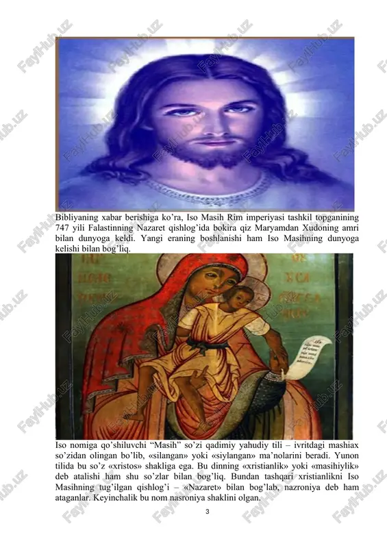 tilida bu so’z «xristos» shakliga ega. bu dinning «xristianlik» yoki «masihiylik» deb atalishi ham shu so’zlar bilan bog’liq. bundan tashqari xristianlikni iso masihning tug’ilgan qishlog’i – «nazaret» bilan bog’lab, nazroniya deb ham ataganlar. keyinchalik bu nom nasroniya shaklini olgan. iso masih o’z ta’limotini o’zining 12 o’quvchisi apostollar – havoriylarga o’rgatdi. ular esa isoning vafotidan keyin ustozlarining ta’limotlarini har birlari alohida-alohida tarzda kitob shakliga keltirdilar. bu kitoblar bibliyaning «yangi ahd» qismini tashkil etadi. xristianlikning muqaddas kitobi bibliya yahudiylik va xristianlik dinlari talimotiga ko’ra, xudo tomonidan nozil qilingan, asosiy diniy aqida va axloq qonunlarini o’zida jamlagan muqaddas kitoblar majmuasidir. u ikki qismdan iborat: «qadimiy ahd» va «yangi ahd». yahudiy va xristian bibliyalari bir-biriga mos kelmaydi. yahudiylarning muqaddas kitobi qadimiy isroil va qadimiy yahudiylarning diniy ta’limot va urf-odatlari asosida mil. av. xiii asrda yozilgan bo’lsa, xristianlarning kitobi milodning boshlarida vujudga keldi. yahudiylar xristianlarning kitobini muqaddas kitob sifatida tan olmaydilar. xristianlar esa yahudiylarning kitobini …