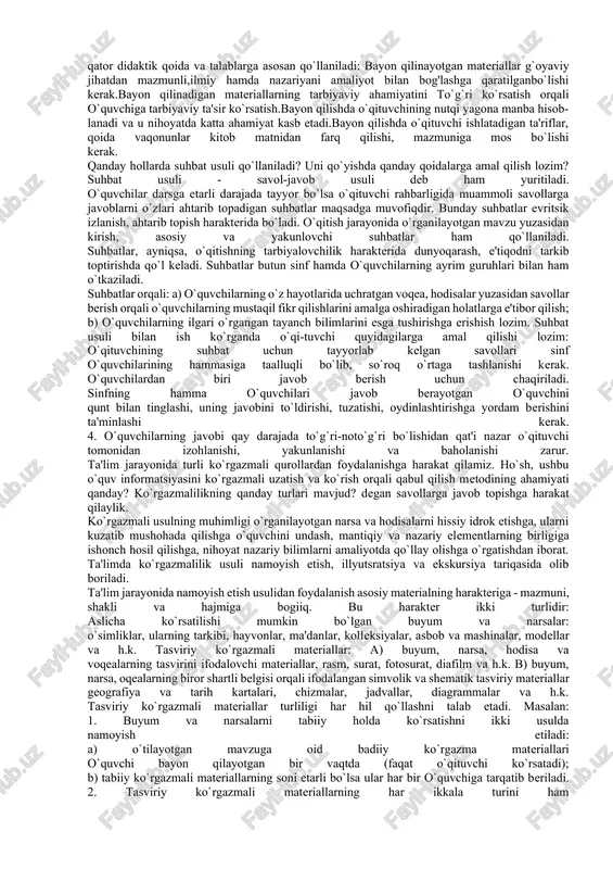 an, tillar metodikasi, arifmetika metodikasi va shu kabilar. usul – biror narsa, hodisa, jarayonni o’rganish yoki amalga oshirish tartibi. uslub – biror narsa, hodisa, jarayonni o’rganish yoki amalga oshirish uchun qo’llash lozim bo’lgan usullar majmuasi. yo’l (ruscha – priyom) – biror maqsadni amalga oshirish uchun tanlangan harakat turi. yuqorida aytilganlardan ko’rinadiki, har bir ta’lim metodi tarkibiga muayyan ta’lim-tarbiyaviy vazifani bajarishga qaratilgan ish-harakat usullari, yo’llari kiradi. o`qitish metodi deganda ta'lim jarayonida o`qituvchi va o`quvchilarning kutilgan maqsadga erishishga qaratilgan birgalikdagi faoliyati tushuniladi. o`qitish usullari ta'lim jarayonida o`qituvchi va o`quvchi faoliyatining qanday bo`lishini, o`qitish jarayonini qanday tashkil etish va olib borish kerakligini belgilab beradi. o`qitish usullari har ikkala faoliyatning: a) o`qituvchi tomonidan o`quvchilarni bilim, ko`nikma va malakalar bilan qurollantirish; b) o`quvchilar tomonidan berilayotgan ilmiy bilim, ko`nikma va malakalarni o`zlashtirish faoliyatida qo`llanadigan yo`llarni o`z ichiga oladi. ta'lim berish o`qituvchidan izlanishni, pedagogik tnahoratni talab qiladi. ilmiy salohiyati boy bo`lgan utsozgina mavzuni talabalarga mahorat bilan etkazib …
