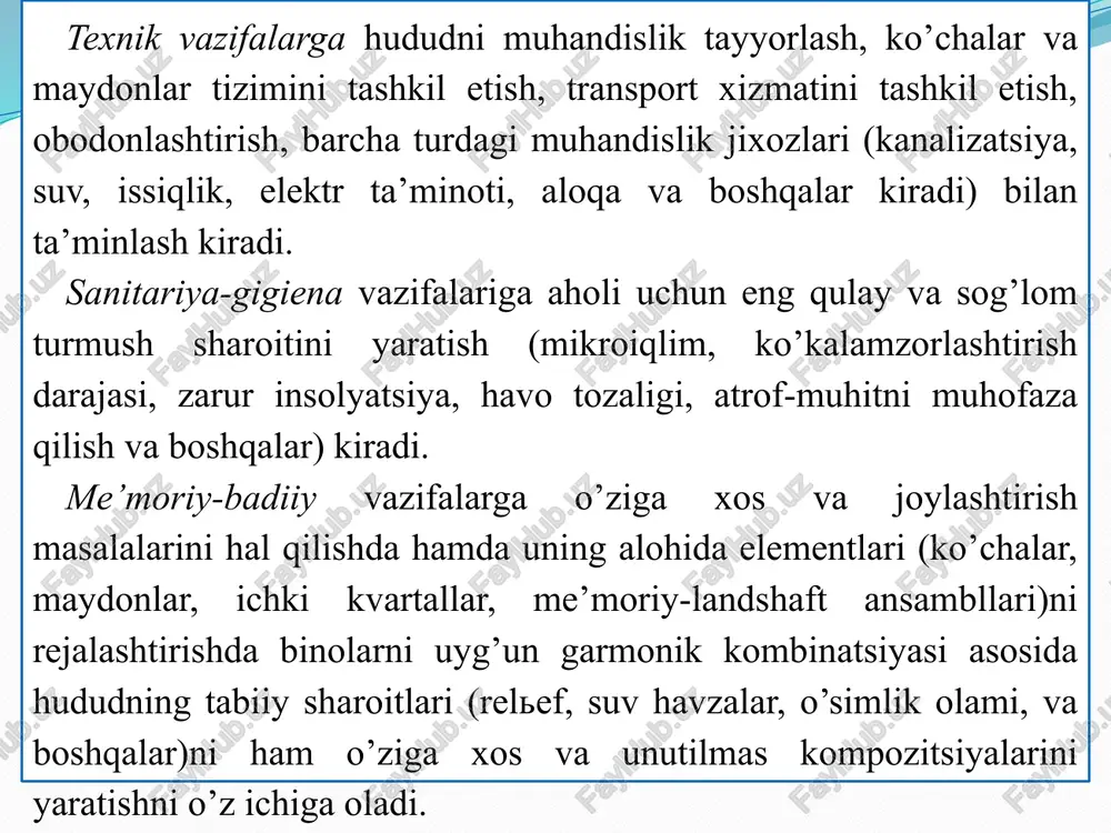 ilgan harakatlar sifatida belgilanadi. hududiy rejalashtirishning maqsad va vazifalari quyidagi umum qabul qilingan tamoyillar va yondoshuvlar asosida belgilanadi: hududlarni barqaror rivojlantirish, shaharsozlik faoliyatini amalga oshirishda xavfsizlik va inson hayoti uchun qulay shart-sharoitlarni ta’minlash; ijtimoiy-iqtisodiy va hududiy rejalashtirish strategik hujjatlarini o’zaro muvofiqlashtirish; ko’rib chiqilayotgan hududlarning ijtimoiy-iqtisodiy va fazoviy rivojlanishining qulayliklarini va cheklashlarini belgilovchi tashqi va ichki omillar yig’indisini hisobga olish. hududiy rejalashtirishning vazifalari: hududni barqaror rivojlantirish, tabiiy muhit va madaniy meros ob’ektlarini asrash uchun shart-sharoitlar yaratish; o’zbekiston respublikasi sub’ektlarini ijtimoiy-iqtisodiy rivojlantirishning rejalashtirilgan faoliyati va dasturlarini hududiy bog’lash; ijtimoiy, iqtisodiy, ekologik va boshqa omillarning barchasiga asoslangan holda hududlarning maqsadini belgilash; davlat hokimiyati va mahalliy o’z-o’zini boshqarish organlarining vakolatlari ijrosini ta’minlash; hayot xavfsizligi, ekologik va sanitariya farovonligi talablarini hisobga olgan holda, o’zbekiston respublikasi, shahar va uning aholisi manfaatlarini amalga oshirish uchun shart-sharoitlar yaratish; hududning investitsion jozibadorligini oshirish uchun shart-sharoitlar yaratish; shaharsozlik, hududning fazoviy va ijtimoiy-iqtisodiy rivojlanishini monitoring qilish, yangilash va har tomonlama tahlil …