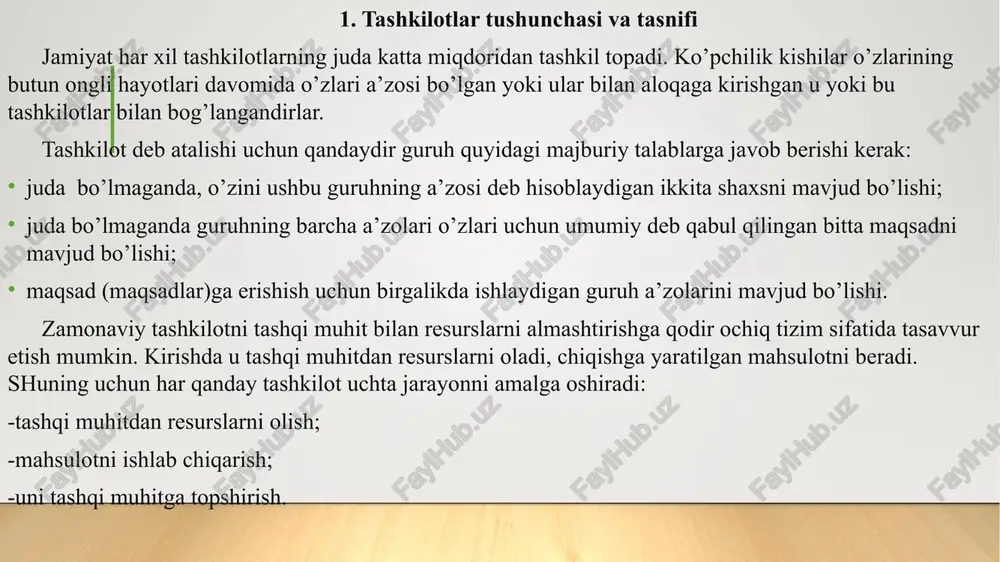 – tashkilotni tashkil qilinishi, uni vujudga kelishi. bunda asosiy vazifalar – bozorga chiqish, yanada rivojlanish uchun ko’proq foyda olishdir. ikkinchi bosqich – tashkilotning o’sishi. bu bosqichning asosiy maqsadi – qisqa muddatli foyda va jadal o’sish. asosiy vazifa – bozorning bir qismini qamrab olish. uchinchi bosqich – tashkilotning balog’ati. bunda asosiy maqsad barcha yo’nalishlar bo’yicha samaradorlikni oshishidan iborat bo’ladi. eng muhim vazifa - korxonaning obro’sini oshirish. bu korxonaning tuzilishiga davriy ravishda o’zgartirishlar kiritishni talab qiladi. to’rtinchi bosqich - tanazzul, tashkilotni qarishi. raqobat, bozorni qisqarishi natijasida tashkilot o’z mahsulotiga talabni kamayishiga duch keladi. tashkilotning asosiy maqsadi mavjud o’rinlari saqlab qolish hisobiga barqarorlikni ta’minlashdan iboratdir. 2. tashkilotning ichki va tashqi muhiti har bir tashkilotni faoliyat yuritishi va rivojlanishi ma’lum bir muhitda(ichki va tashqi) amalga oshiriladi. tashkilot faoliyati faqat muhit uni amalga oshirishga yo’l qo’ygan holdagina bo’lishi mumkin. vaqtning har qanday paytidagi tashkilotning holati va faoliyati– uning ichki omillarining harakati va tashqi muhit omillarining …